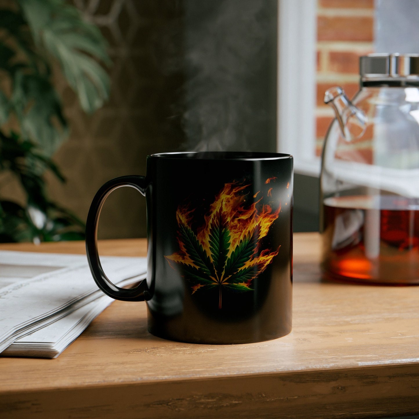 FLAMING WEED LEAF - 420 Coffee Mug (11oz) BLACK