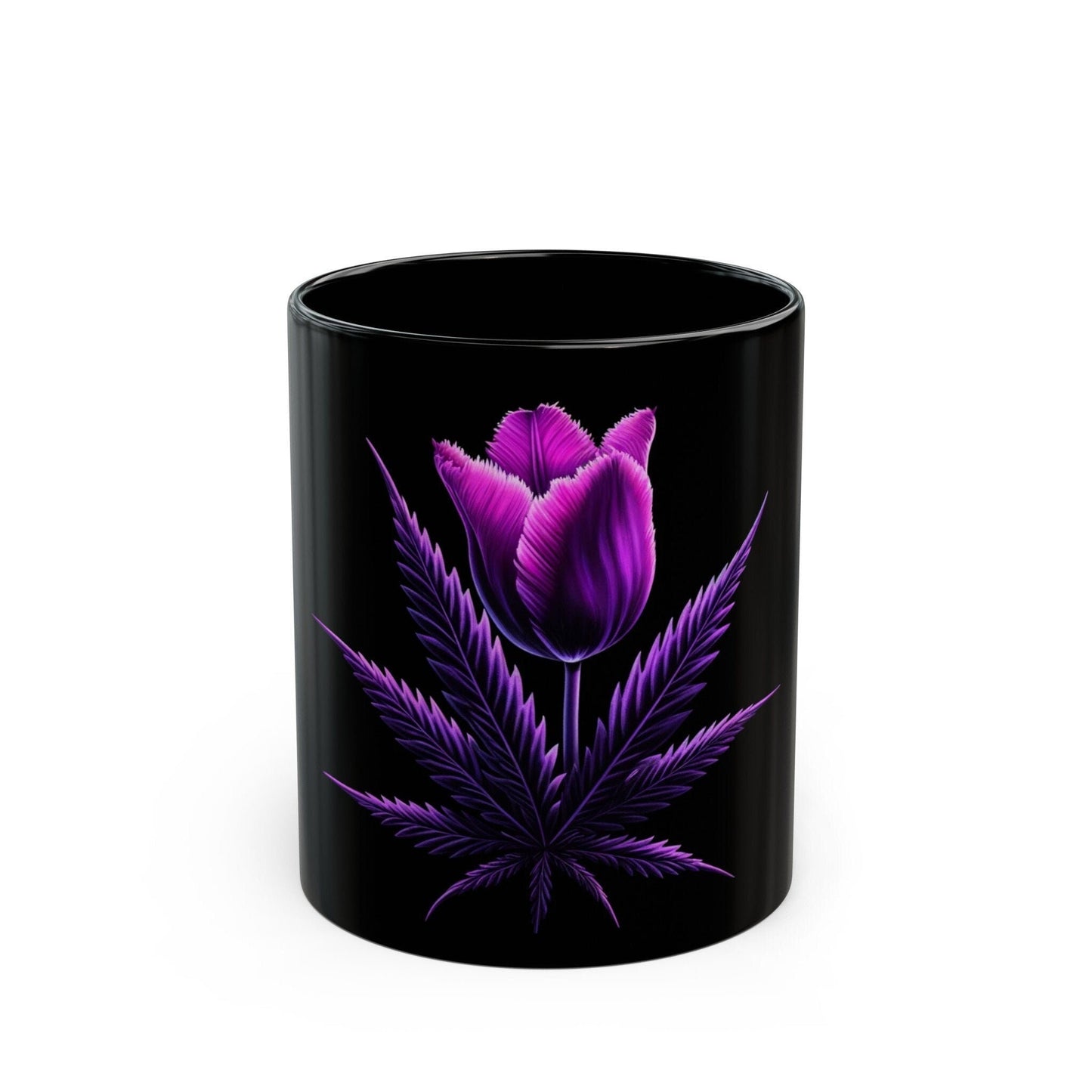 PURPLE TULIP Weed FLOWER - Weed Coffee Mug (Black 11oz) - Perfect Gift for Smokers, Stoners, Growers; Wake & Bake Mug / Weed Mug / Black Mug