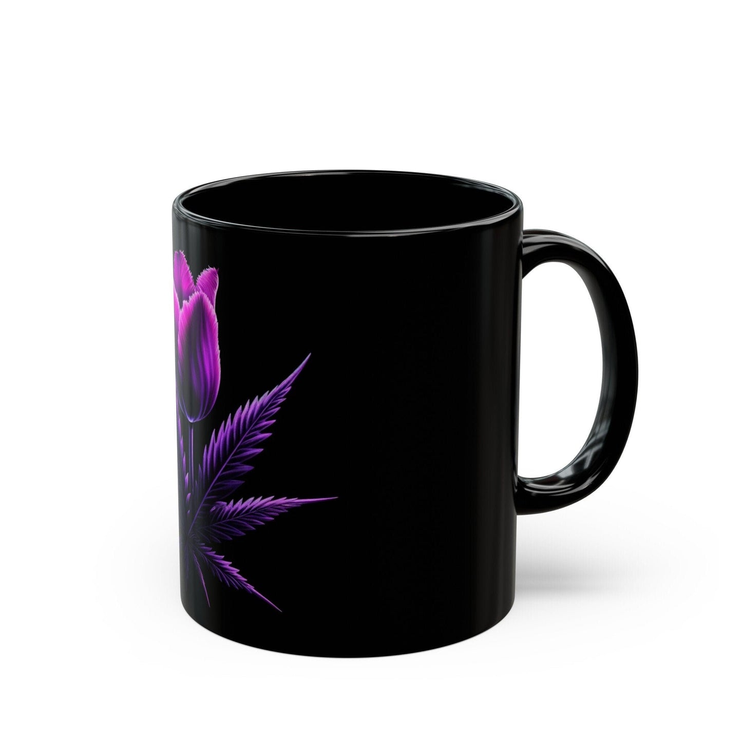 PURPLE TULIP Weed FLOWER - Weed Coffee Mug (Black 11oz) - Perfect Gift for Smokers, Stoners, Growers; Wake & Bake Mug / Weed Mug / Black Mug