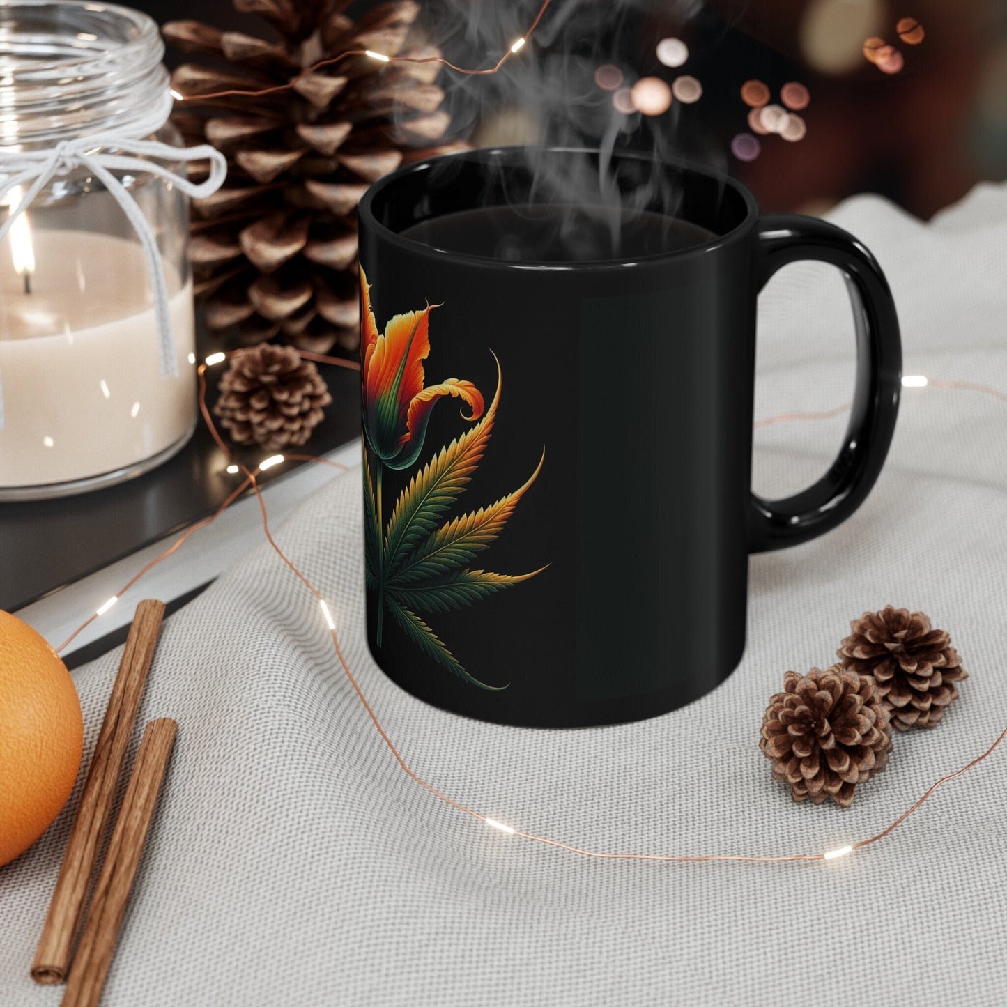 TULIP WEED FLOWER - Weed Coffee Mug (Black 11oz) - Perfect Gift for Smokers, Stoners, Flowers; Wake and Bake Mug / Weed Mug / Black Mug
