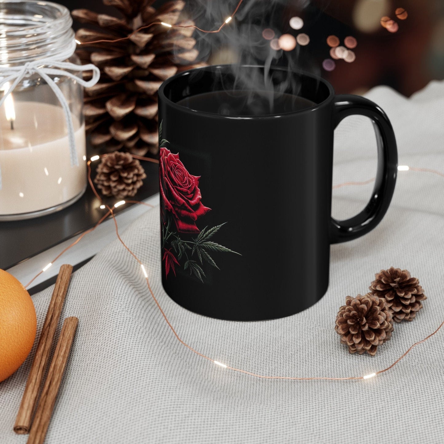 ROSE WEED FLOWER - Weed Coffee Mug (Black 11oz) - Perfect Gift for Smokers, Stoners, Growers; Wake and Bake Mug / Weed Mug / Black Mug