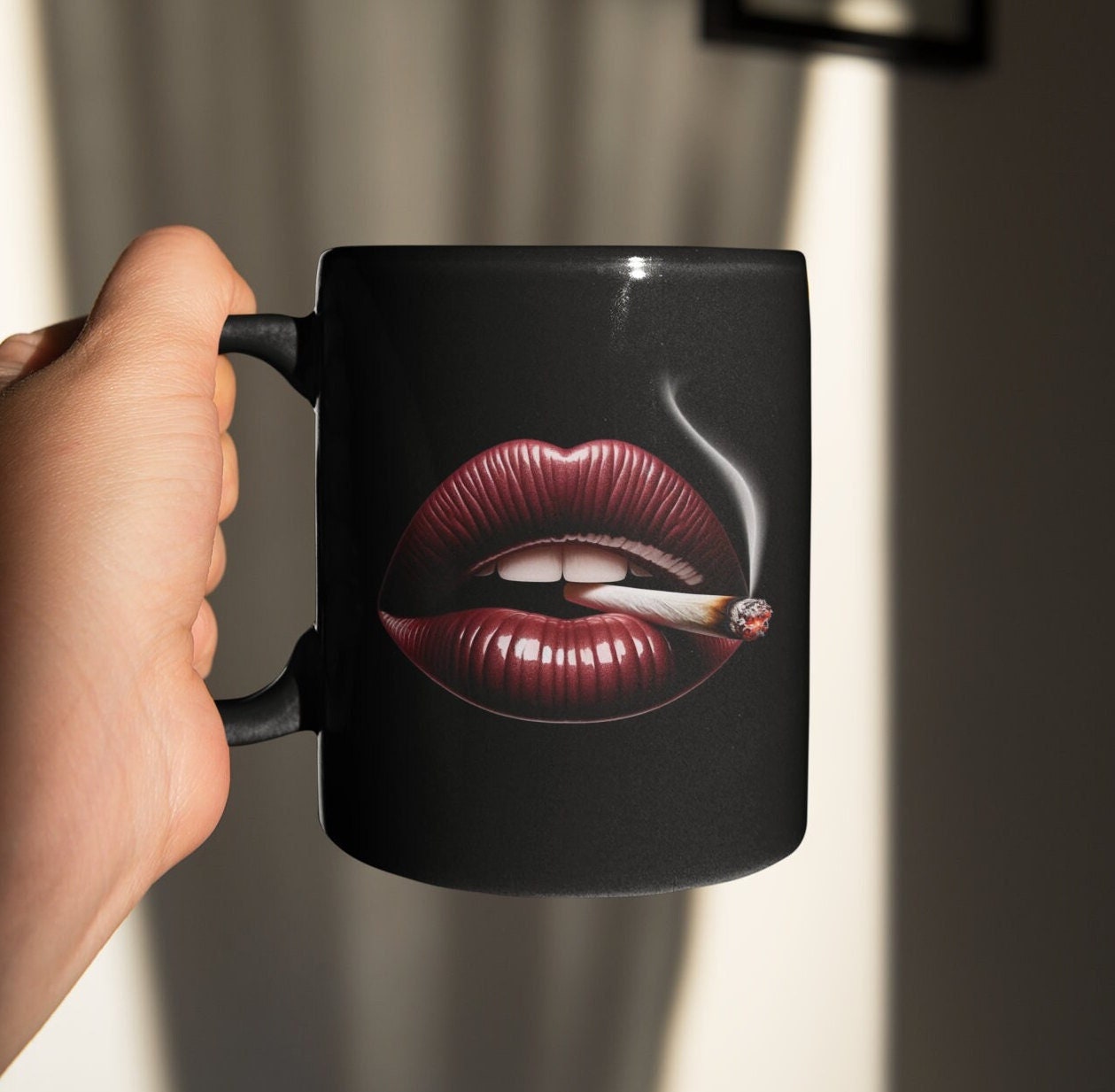 LIPS Joint Mug - BLACK Themed Coffee Mugs - Perfect Gift for Smokers, Stoners, Marijuana Lovers, Growers; Smoker Enthusiasts