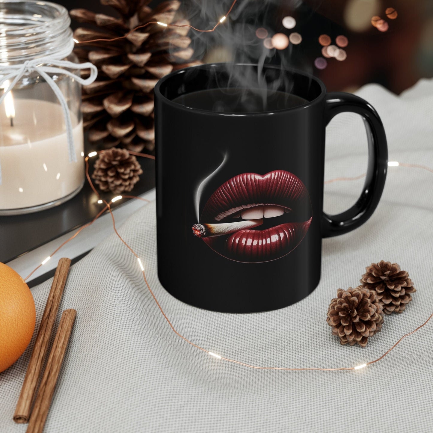 LIPS Joint Mug - BLACK Themed Coffee Mugs - Perfect Gift for Smokers, Stoners, Marijuana Lovers, Growers; Smoker Enthusiasts