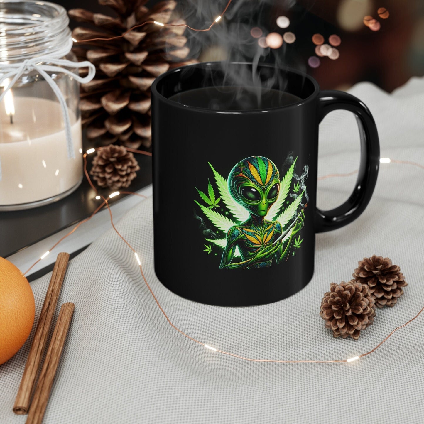 WEED ALIEN Mug - BLACK Themed Coffee Mugs - Perfect Gift for Smokers, Stoners, Marijuana Lovers, Growers; Weed or Space Enthusiasts