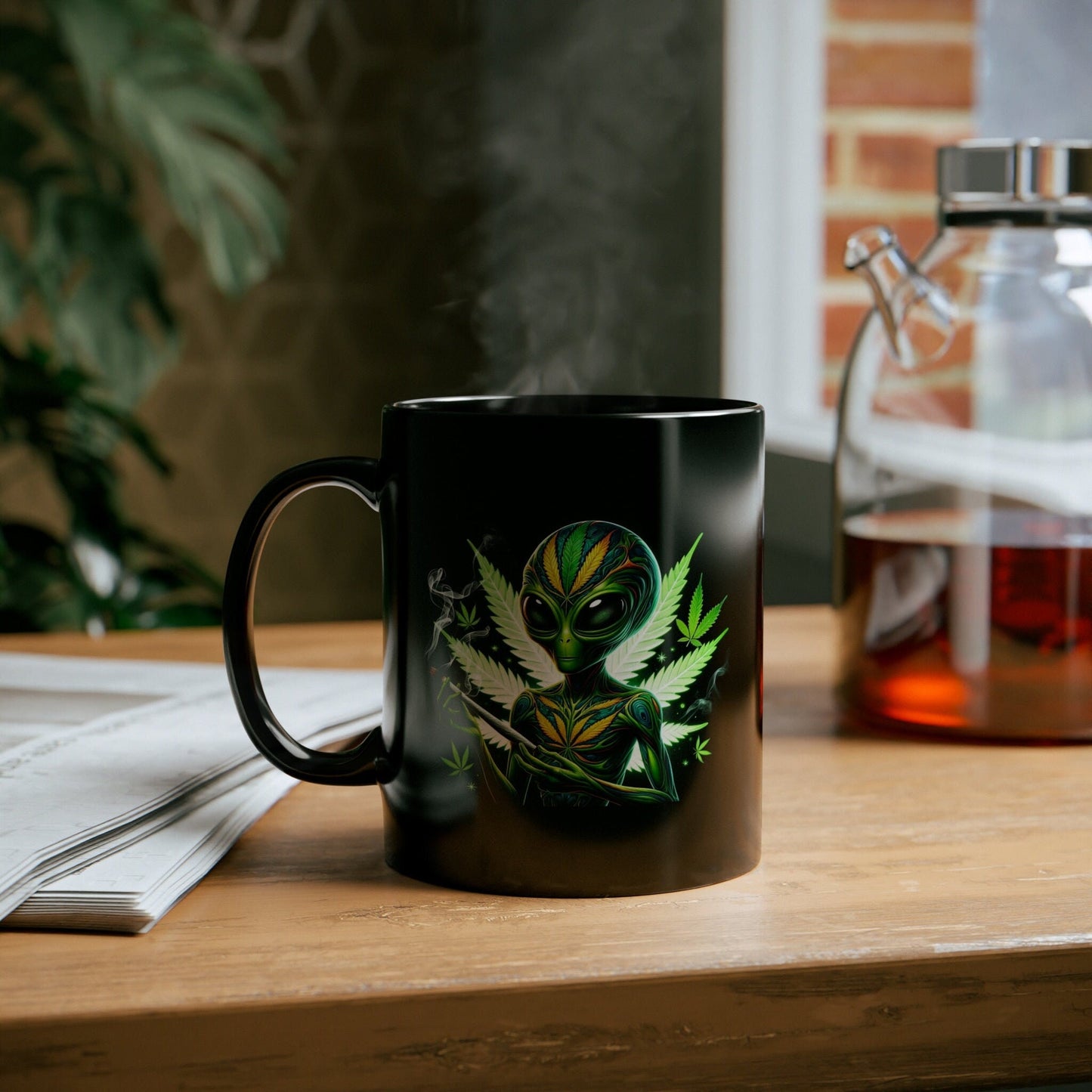 WEED ALIEN Mug - BLACK Themed Coffee Mugs - Perfect Gift for Smokers, Stoners, Marijuana Lovers, Growers; Weed or Space Enthusiasts