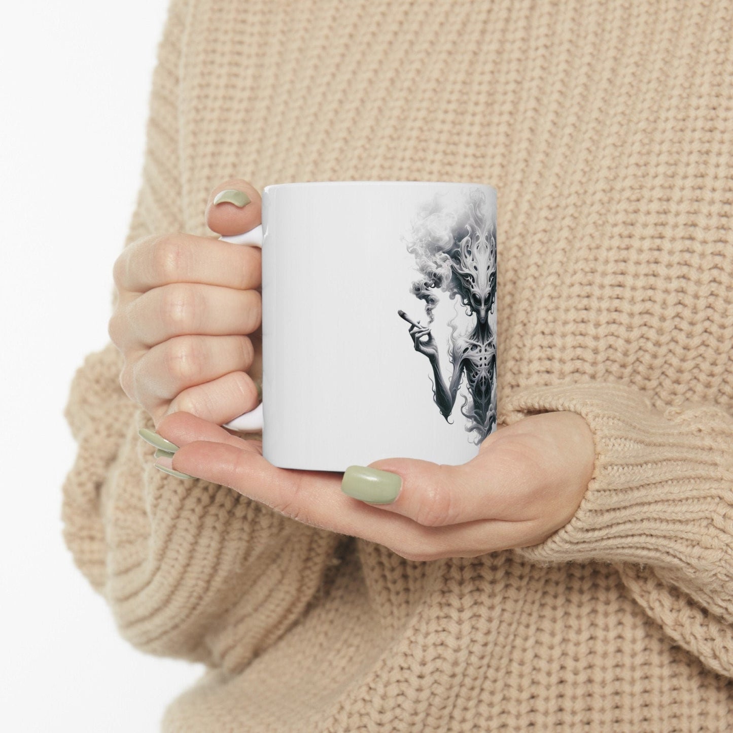 SMOKEY ALIEN MUG - Coffee Weed Mug (11oz) - Weed Gift for Stoners, Smokers; Wake and Bake Mug / 420 Weed Mug / Marijuana Gift, Cannabis Mug