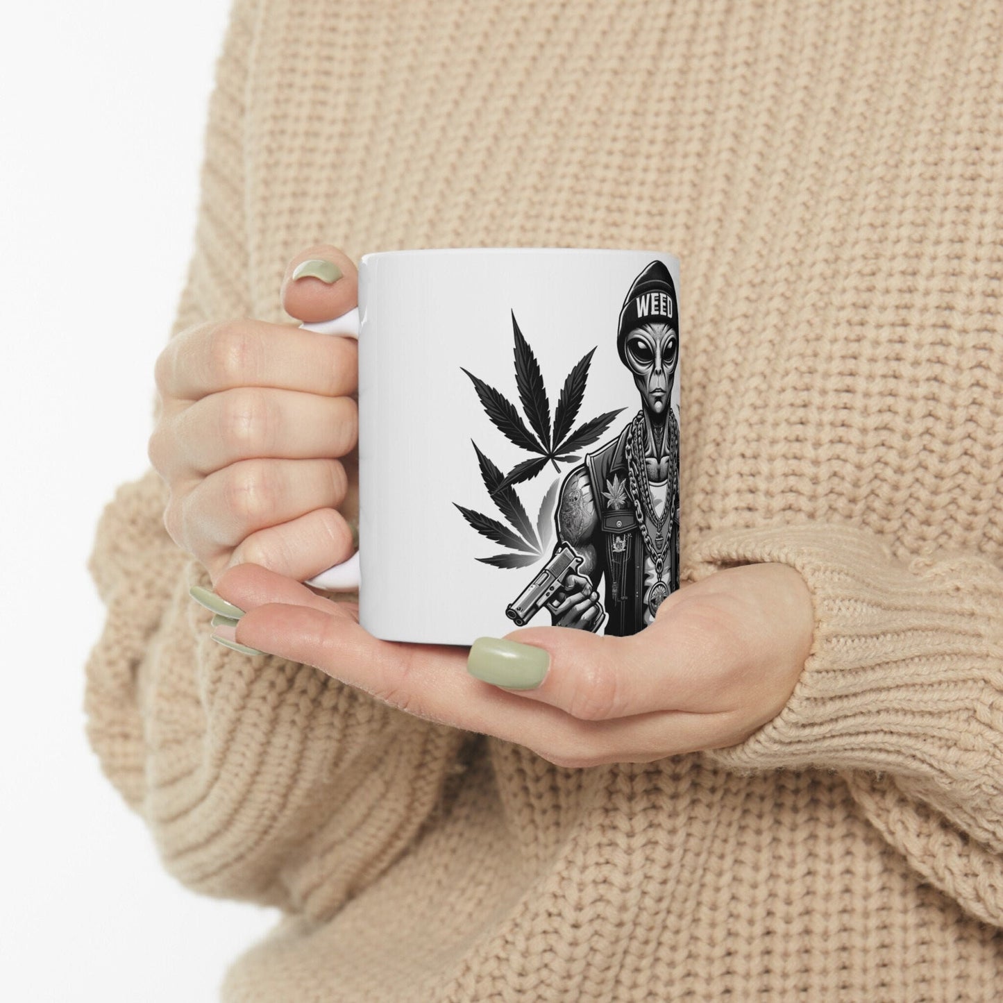 STONER ALIEN GUNS - Coffee Weed Mug (11oz) - Weed Gift for Stoners, Smokers; Wake & Bake Mug / 420 Weed Mug / Marijuana Gift, Cannabis Mug