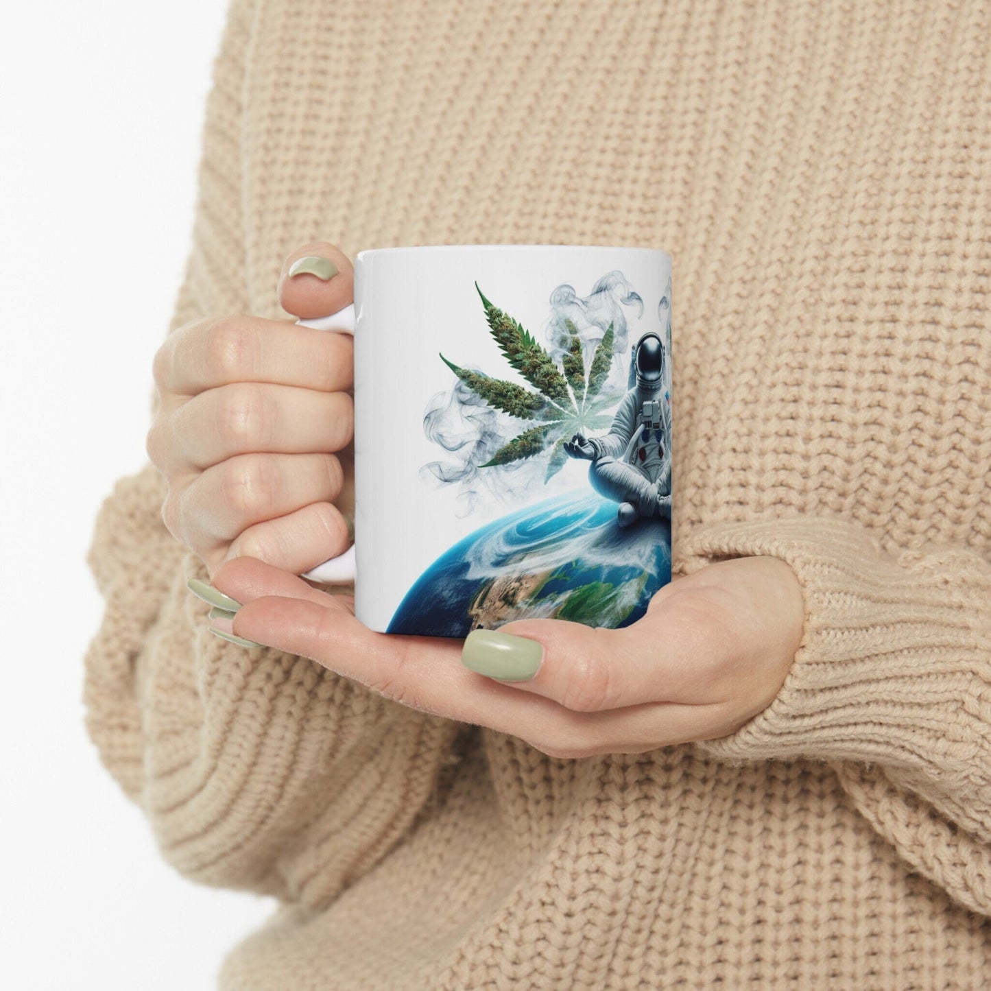 MEDITATING ASTRONAUT - Coffee Weed Mug (11oz) - Weed Gift for Stoners, Smoker; Wake & Bake Mug / 420 Weed Mug / Marijuana Gift, Cannabis Mug