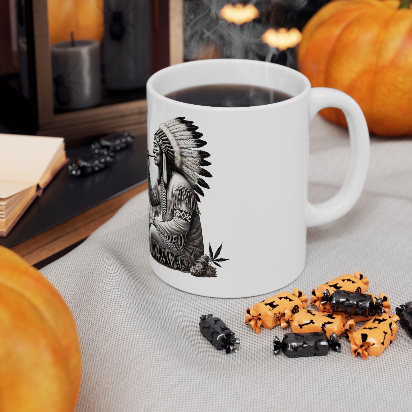 PILGRIM & INDIAN SMOKING - Weed Coffee Mug (11oz) - Thanksgiving Gift for Weed Smokers, Stoners, Growers; Wake and Bake / 420 Mug, Weed Gift