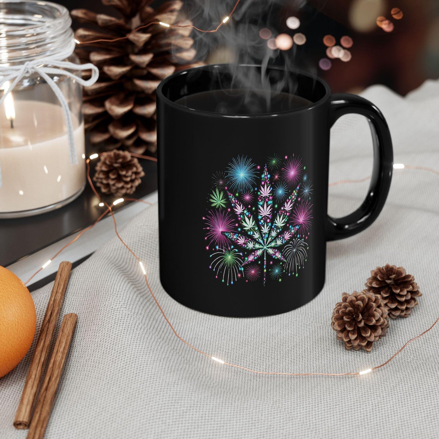 WEED FIREWORKS - 420 Coffee Mug (Black 11oz) - Fireworks Mug for Smokers, Stoners, Flowers; Wake & Bake Mug / Weed Gift Mug / Black Mug