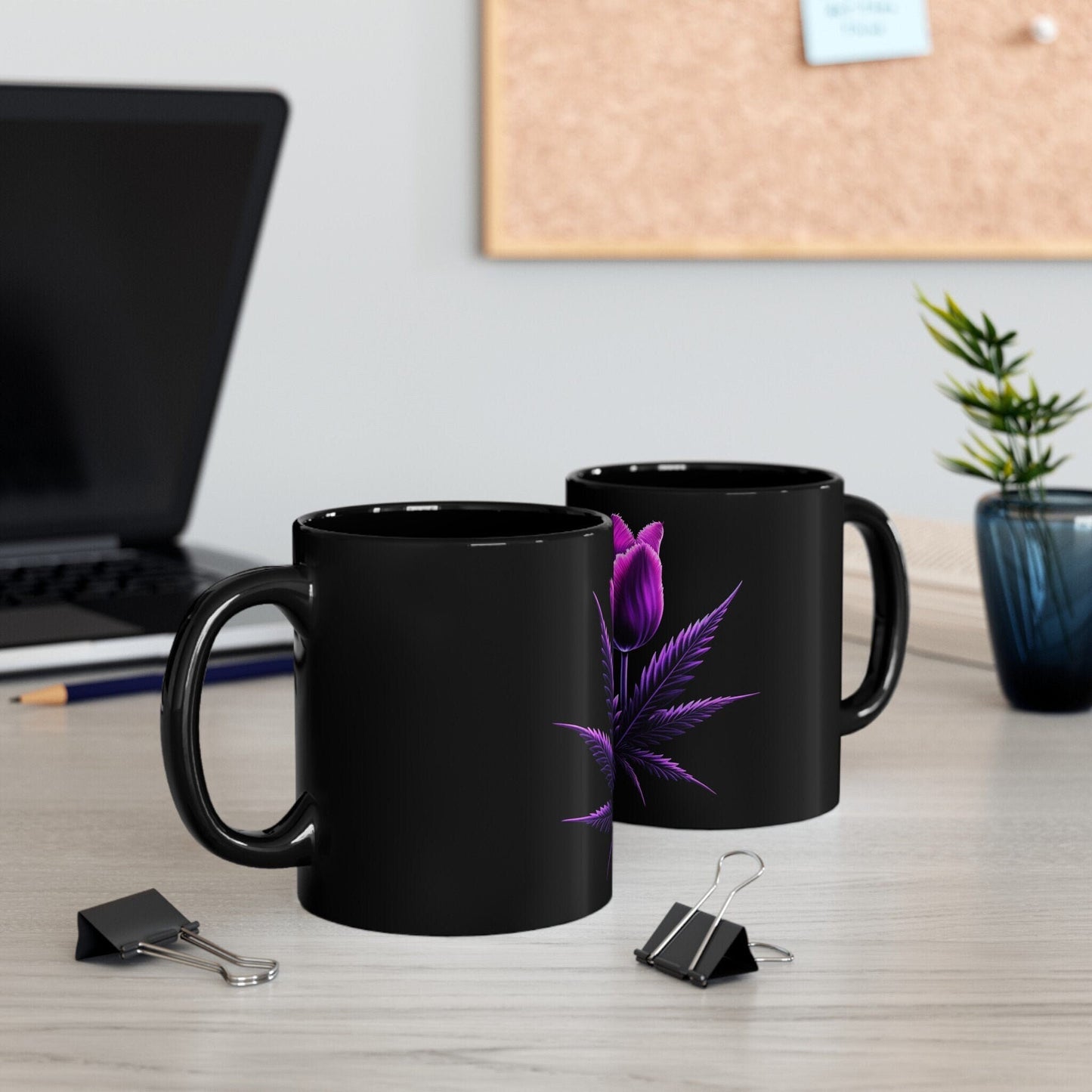 PURPLE TULIP Weed FLOWER - Weed Coffee Mug (Black 11oz) - Perfect Gift for Smokers, Stoners, Growers; Wake & Bake Mug / Weed Mug / Black Mug