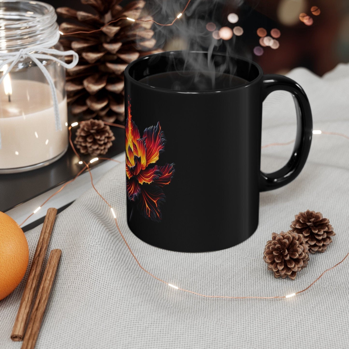 FIREY WEED FLOWER - Weed Coffee Mug (Black 11oz) - Perfect Gift for Smokers, Stoners, Growers; Wake and Bake Mug / Weed Mug / Black Mug