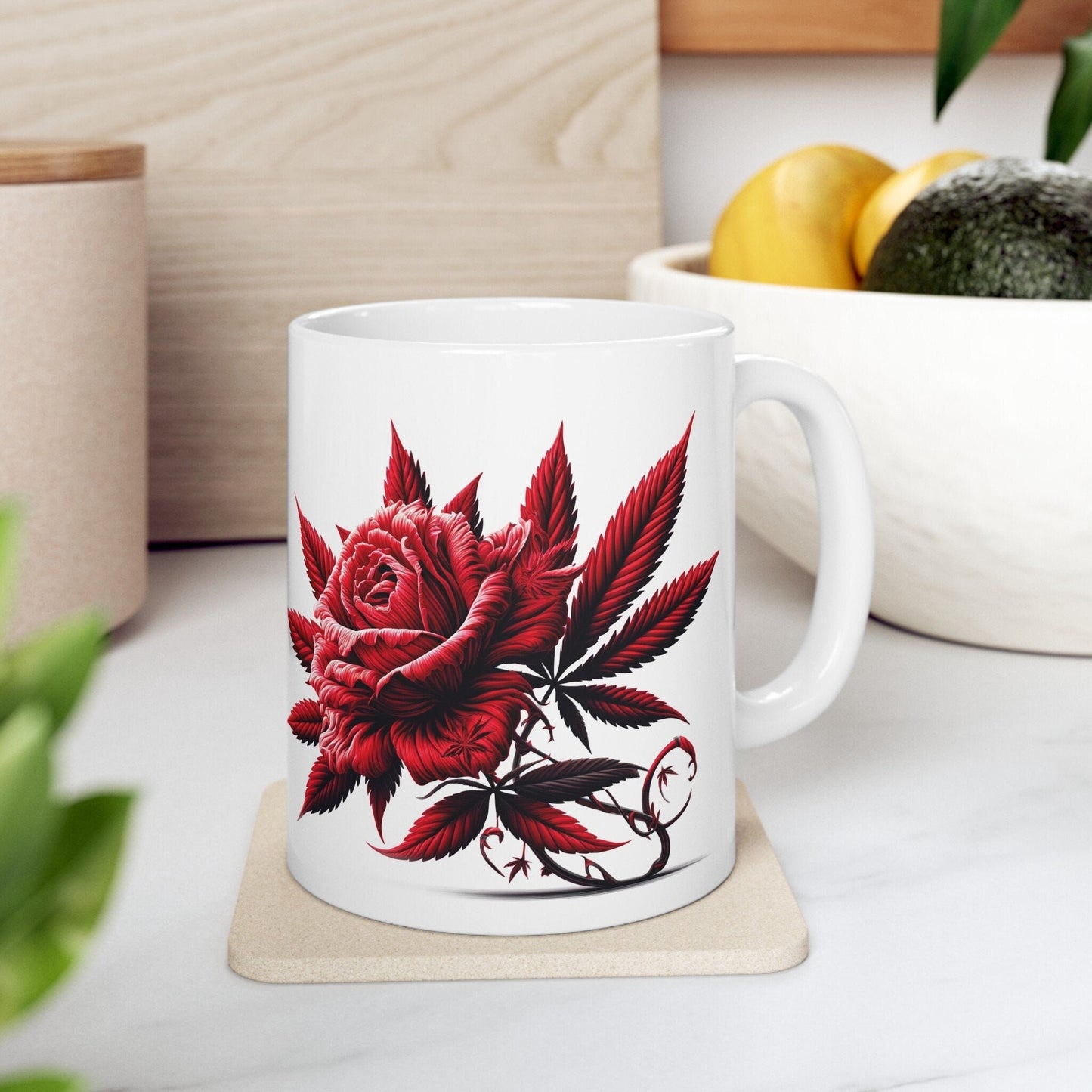 RED WEED FLOWER - Weed Coffee Mugs (11oz) Perfect Gift for Smokers/ Marijuana Gift; Wake and Bake Mug - Cannabis Cup / Stoner Mug