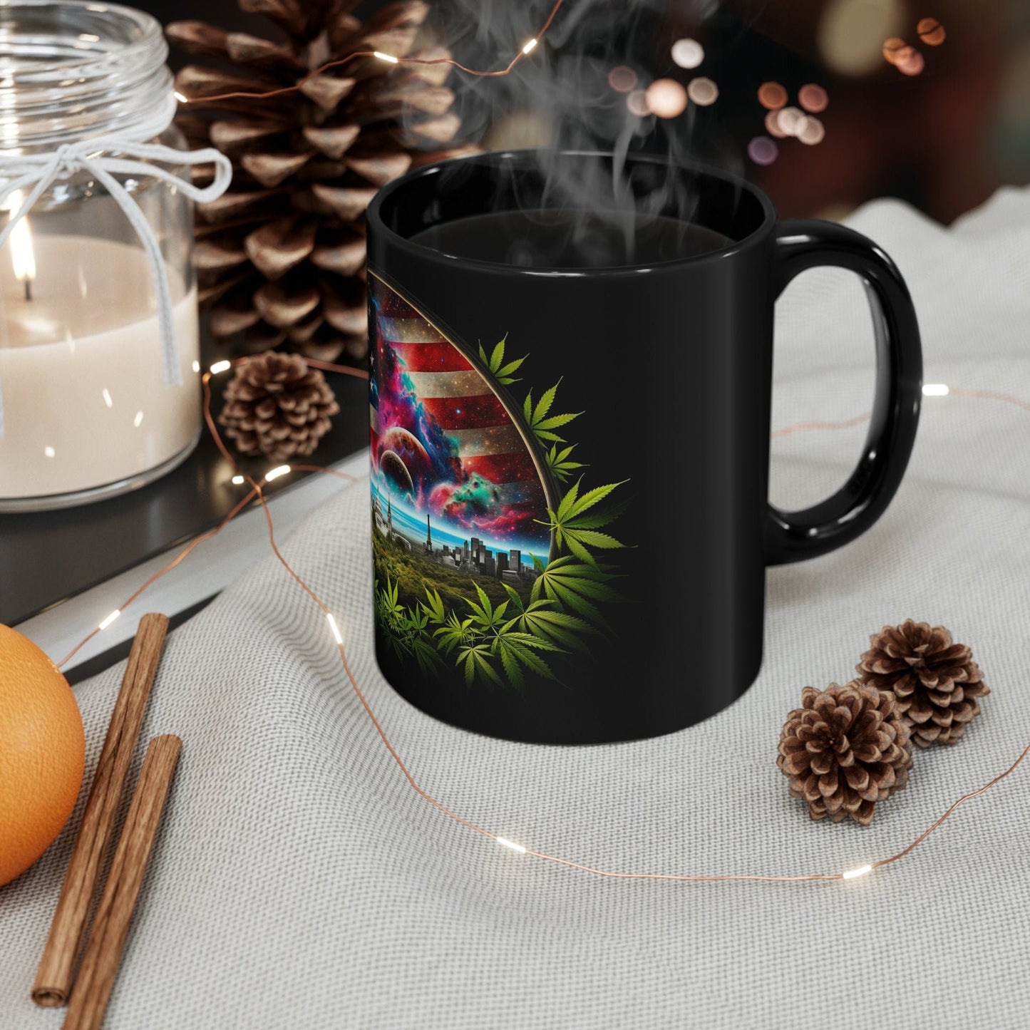AMERICAN CANNABIS - Black Base Coffee Mugs - Perfect Gift for Smokers, Stoners, Marijuana Lovers, Growers; WEED Mug / Stoner Mug