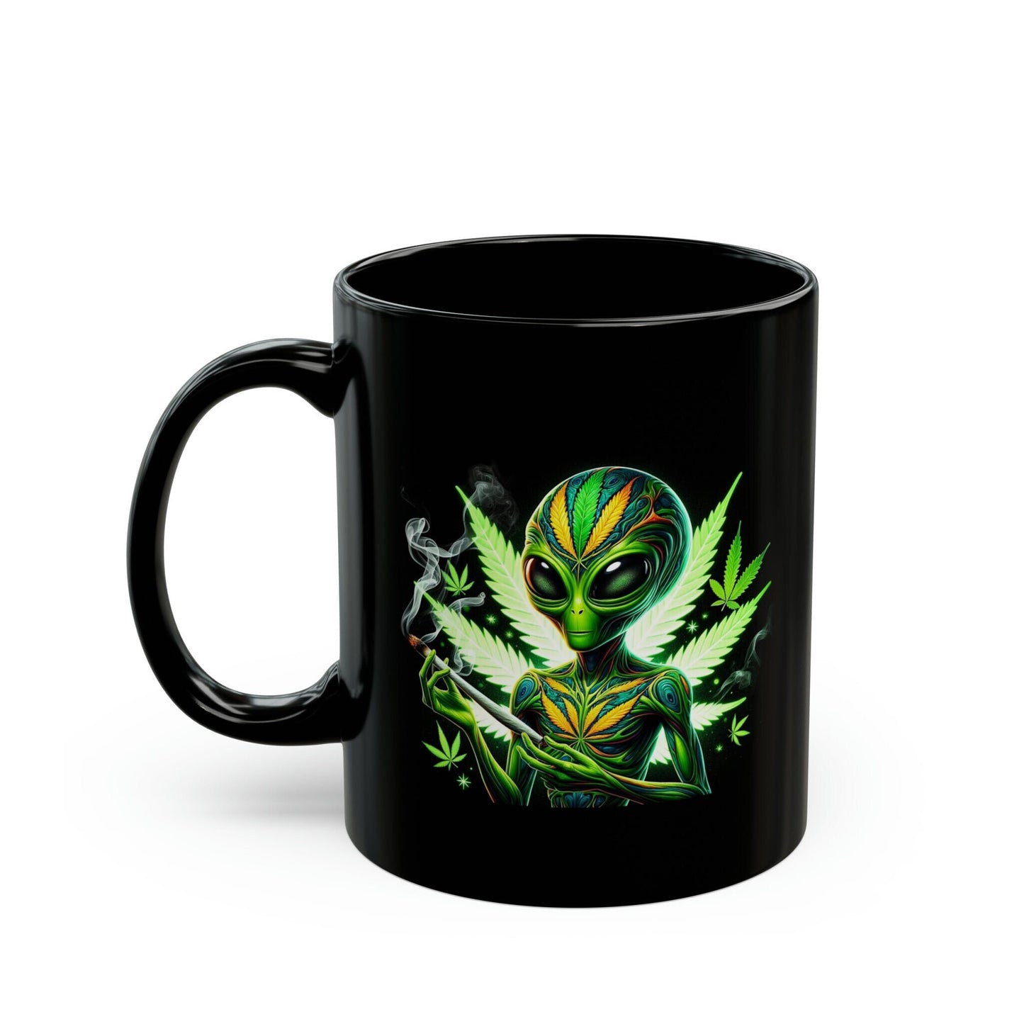 WEED ALIEN Mug - BLACK Themed Coffee Mugs - Perfect Gift for Smokers, Stoners, Marijuana Lovers, Growers; Weed or Space Enthusiasts