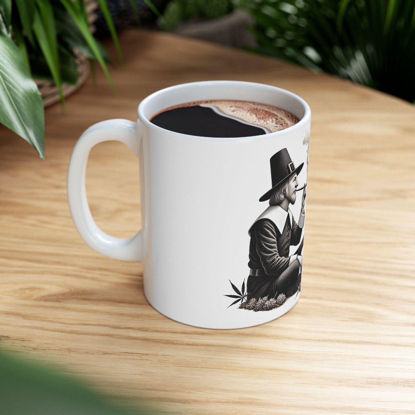 PILGRIM & INDIAN SMOKING - Weed Coffee Mug (11oz) - Thanksgiving Gift for Weed Smokers, Stoners, Growers; Wake and Bake / 420 Mug, Weed Gift