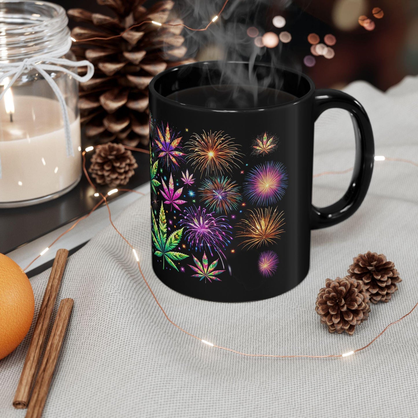 WEED FIREWORKS - 420 Coffee Mug (Black 11oz) - FIREWORKS Mug for Smokers, Stoners, Flowers; Wake & Bake Mug / Weed Gift Mug / Black Mug