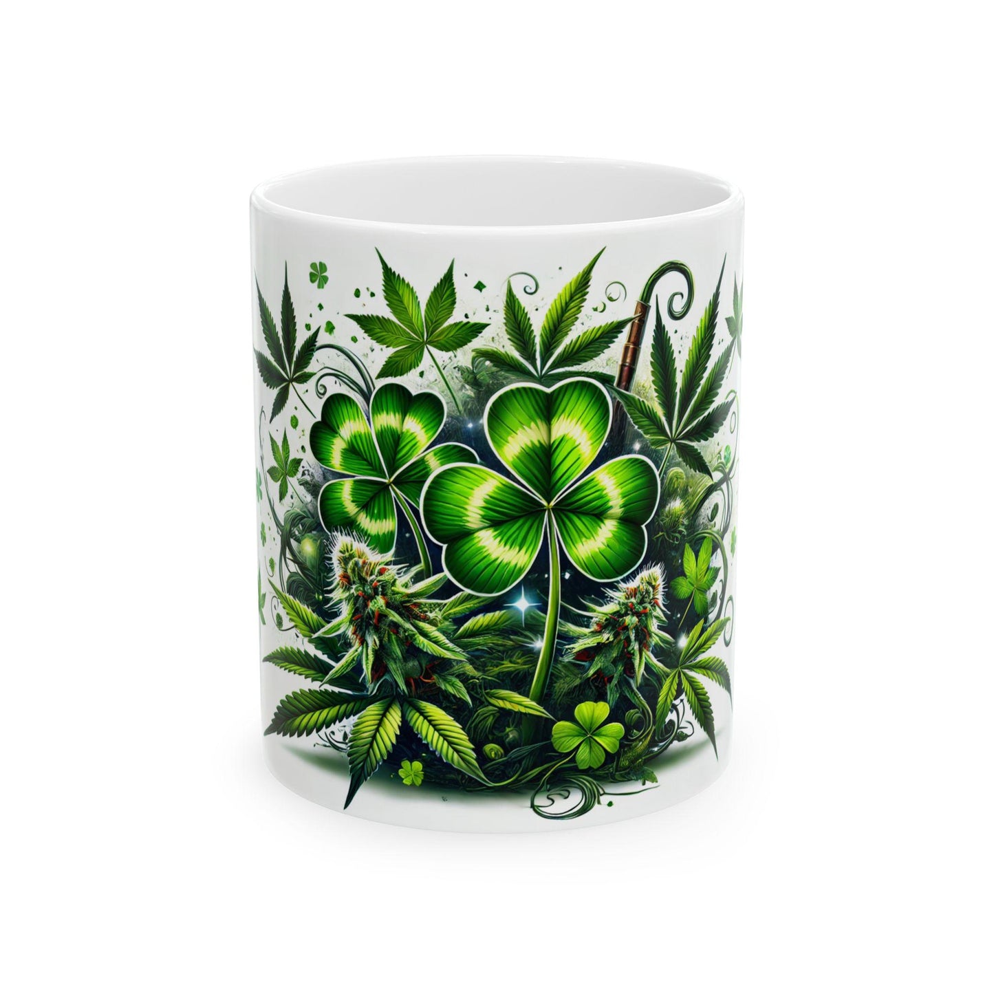 420 LEAF CLOVER - Weed Coffee Mug (11oz) - St Pattys Day Gify for Stoners, Weed Smokers; Wake and Bake / Cannabis Mug / Four Leaf Clover Mug
