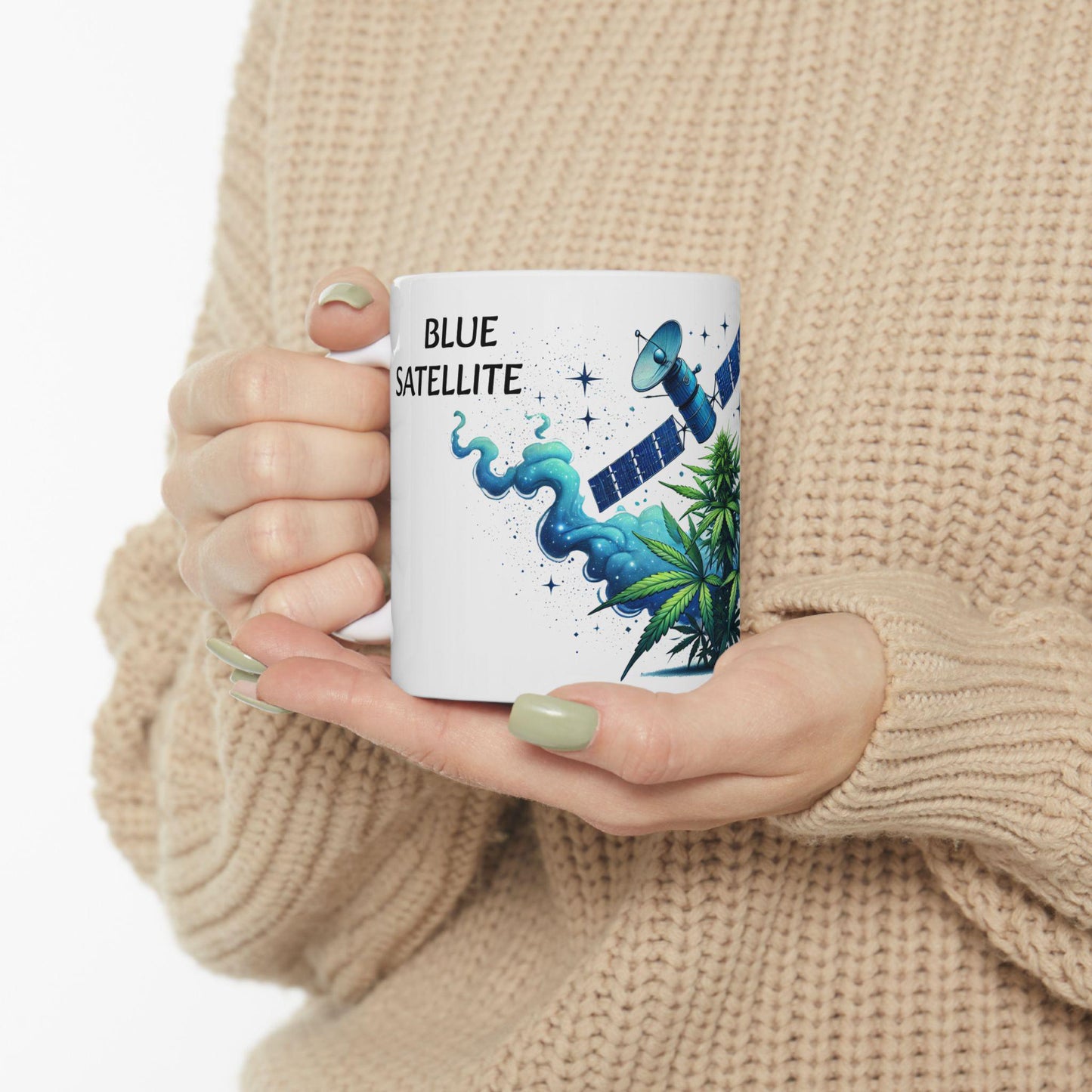 BLUE SATELLITE - (11oz) Weed Strain Themed Coffee Mugs - Perfect Gift for Stoners, Weed Mug for Space Lovers; Funny Wake & Bake Mug