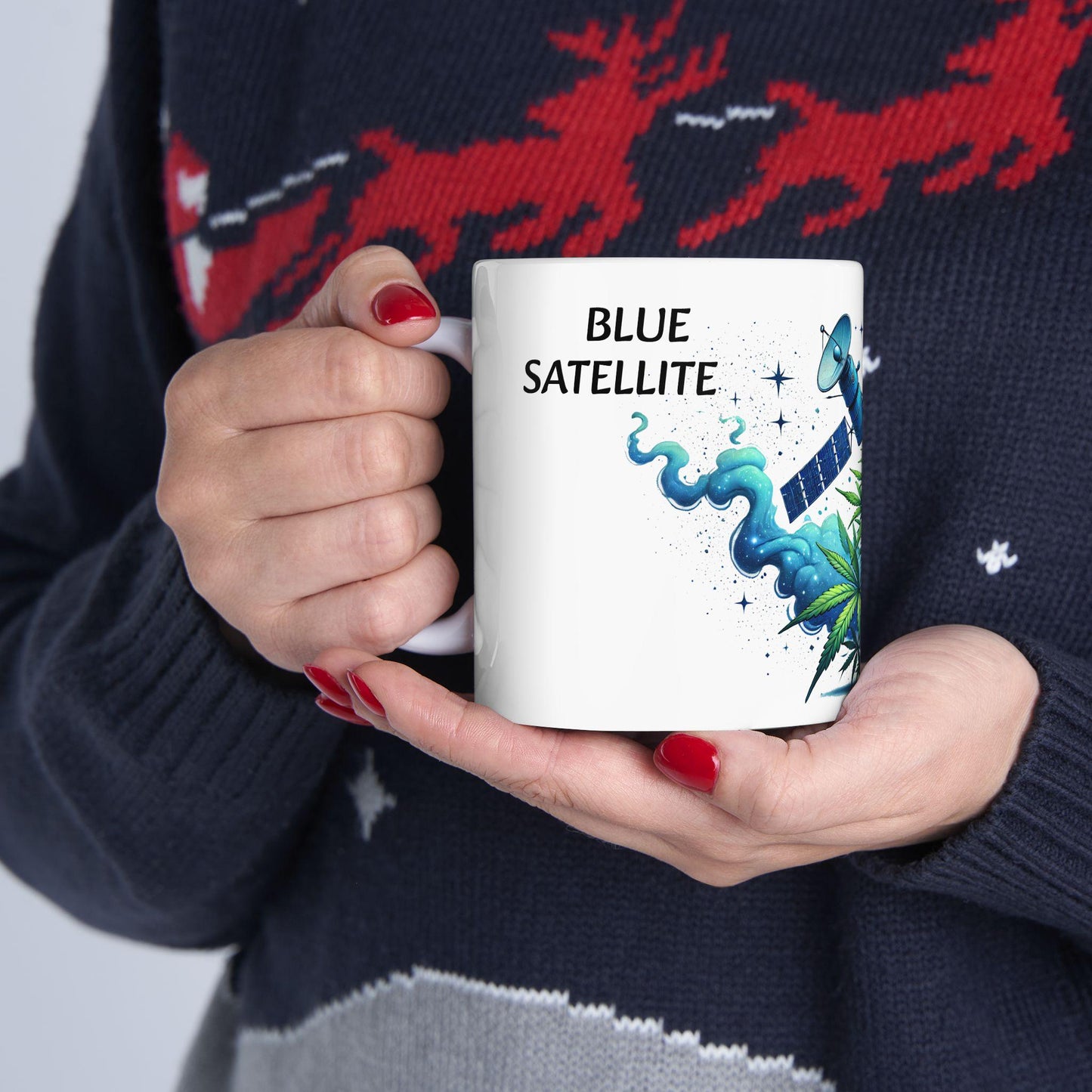 BLUE SATELLITE - (11oz) Weed Strain Themed Coffee Mugs - Perfect Gift for Stoners, Weed Mug for Space Lovers; Funny Wake & Bake Mug