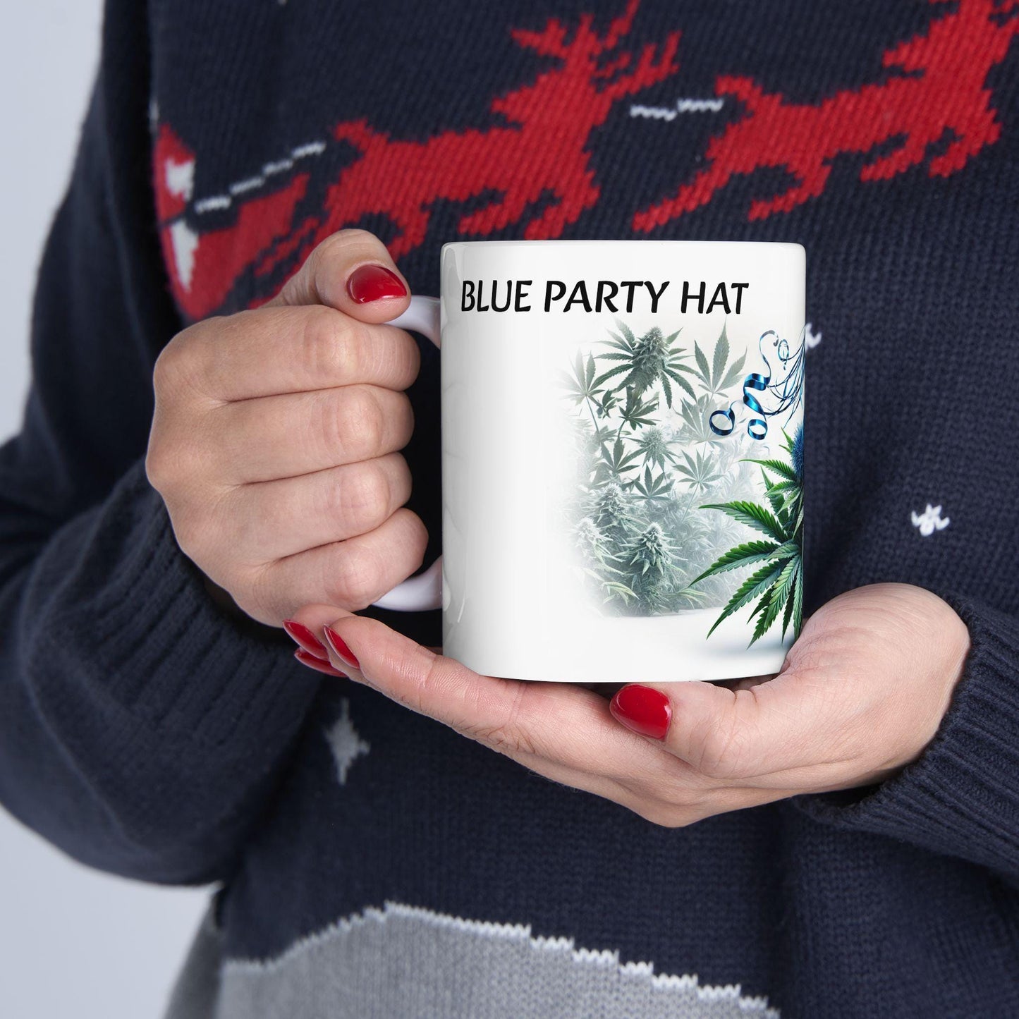 BLUE PARTY HAT - (11oz) Weed Strain Themed Coffee Mugs - Perfect Gift for Stoners, Weed Mug for Marijuana Lovers; Funny Wake & Bake Mug