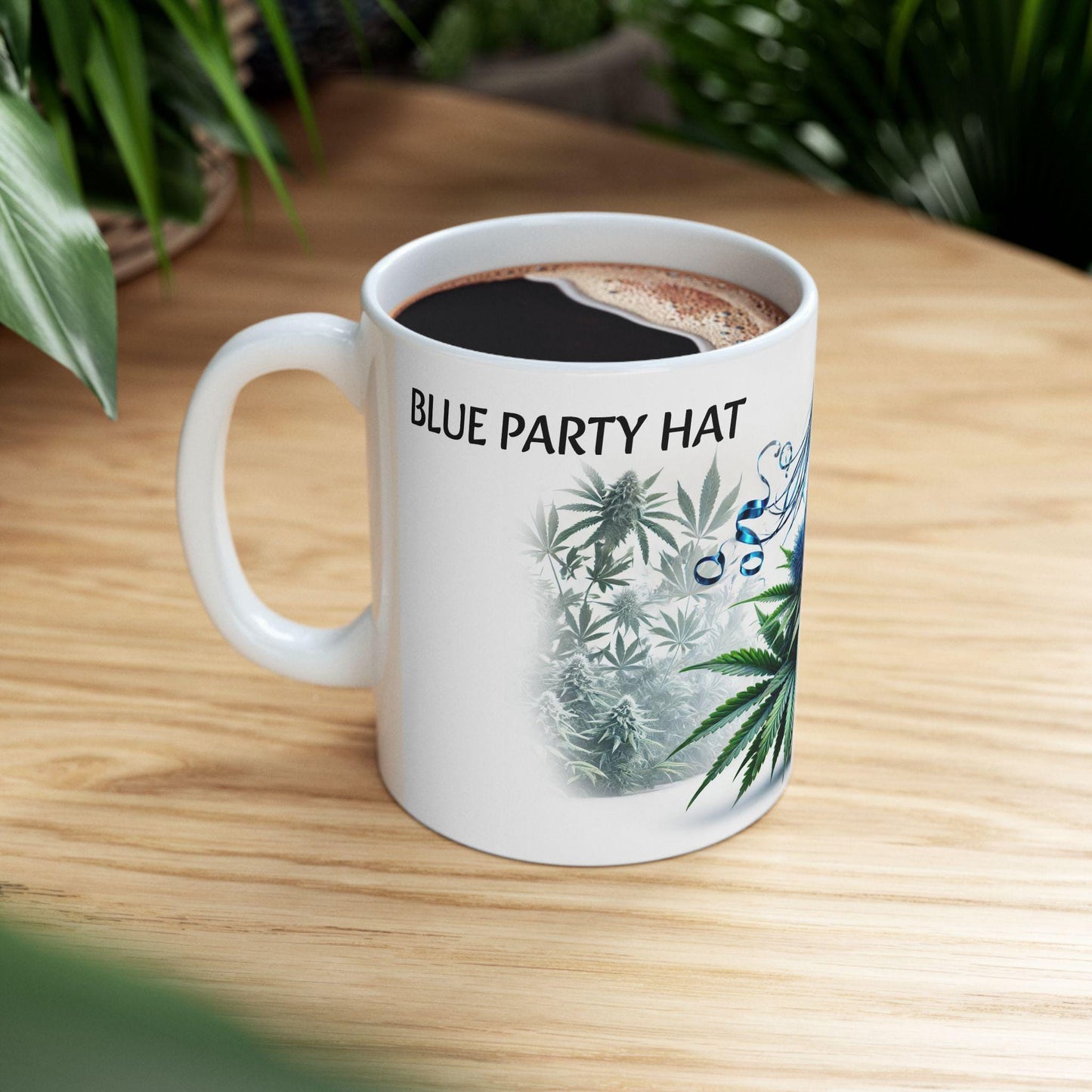 BLUE PARTY HAT - (11oz) Weed Strain Themed Coffee Mugs - Perfect Gift for Stoners, Weed Mug for Marijuana Lovers; Funny Wake & Bake Mug