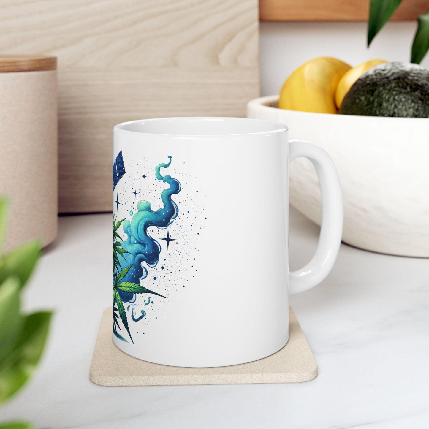 BLUE SATELLITE - (11oz) Weed Strain Themed Coffee Mugs - Perfect Gift for Stoners, Weed Mug for Space Lovers; Funny Wake & Bake Mug