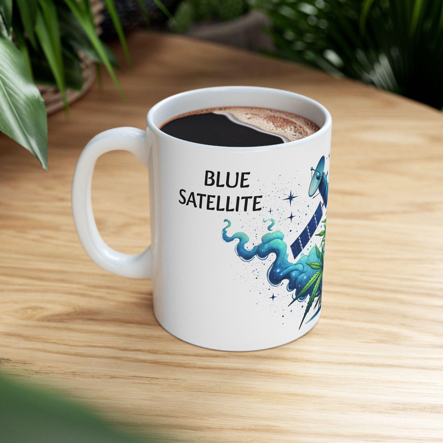 BLUE SATELLITE - (11oz) Weed Strain Themed Coffee Mugs - Perfect Gift for Stoners, Weed Mug for Space Lovers; Funny Wake & Bake Mug
