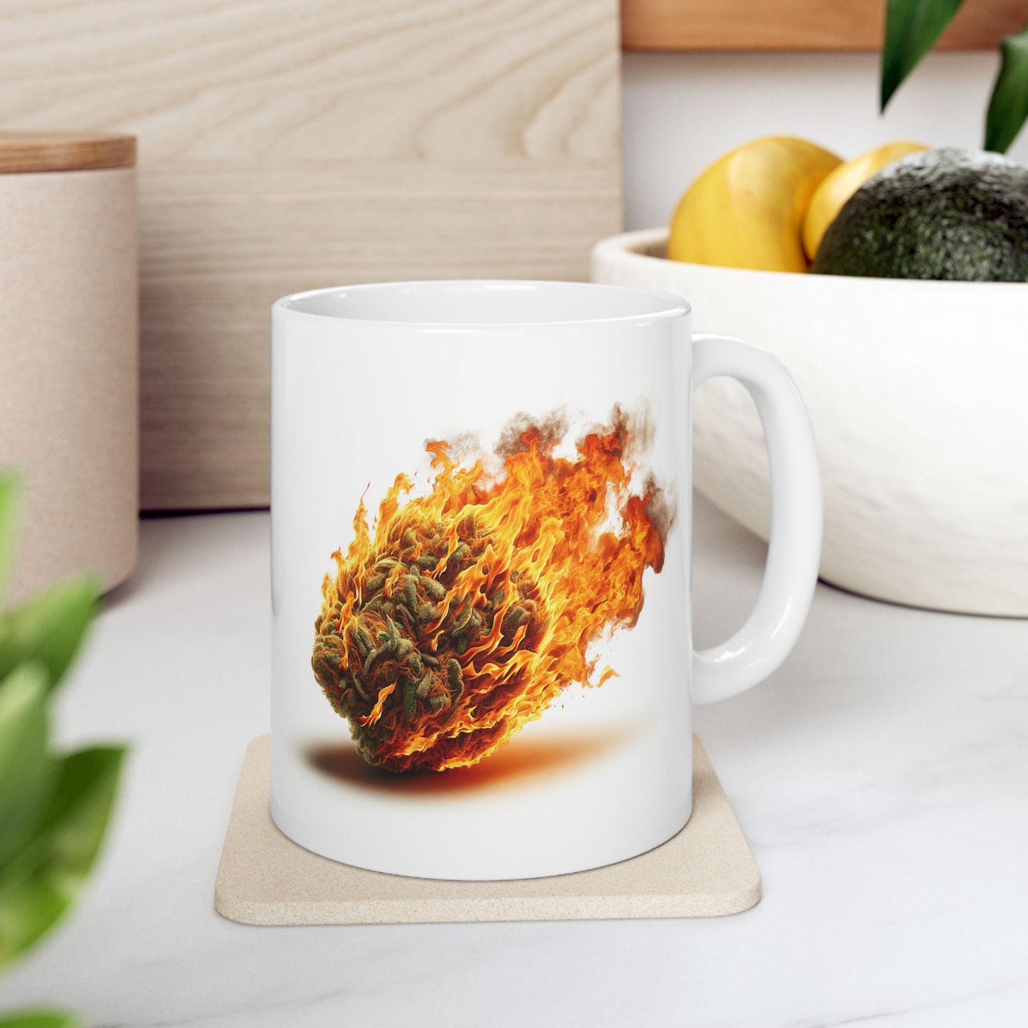 FLAMING WEED - Weed Themed Coffee Mugs; Marijuana Mugs - Cannabis Decor - Gift for Smokers, Stoners, Wake and Bake, Weed Lovers