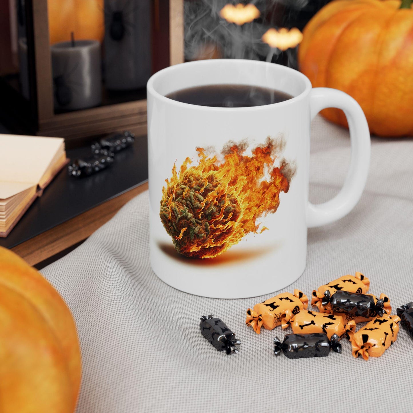 FLAMING WEED - Weed Themed Coffee Mugs; Marijuana Mugs - Cannabis Decor - Gift for Smokers, Stoners, Wake and Bake, Weed Lovers