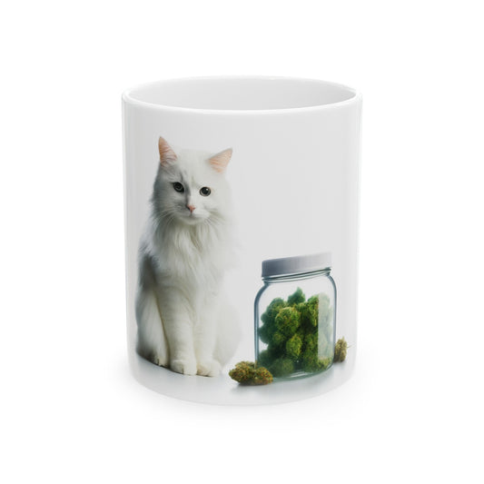 WHITE Cat WEED Jar - Weed Coffee Mug (11oz)