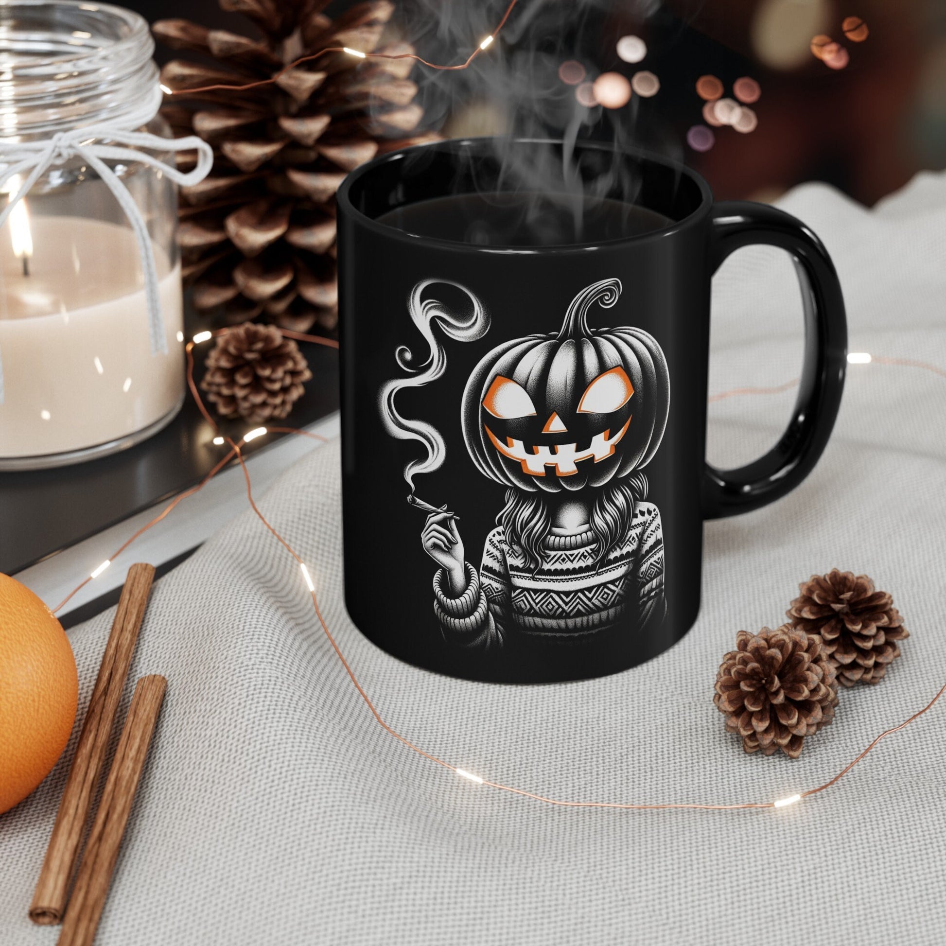 STONER PUMPKIN GIRL - WEED Coffee Mugs (11oz) BLACK, Dual Sided