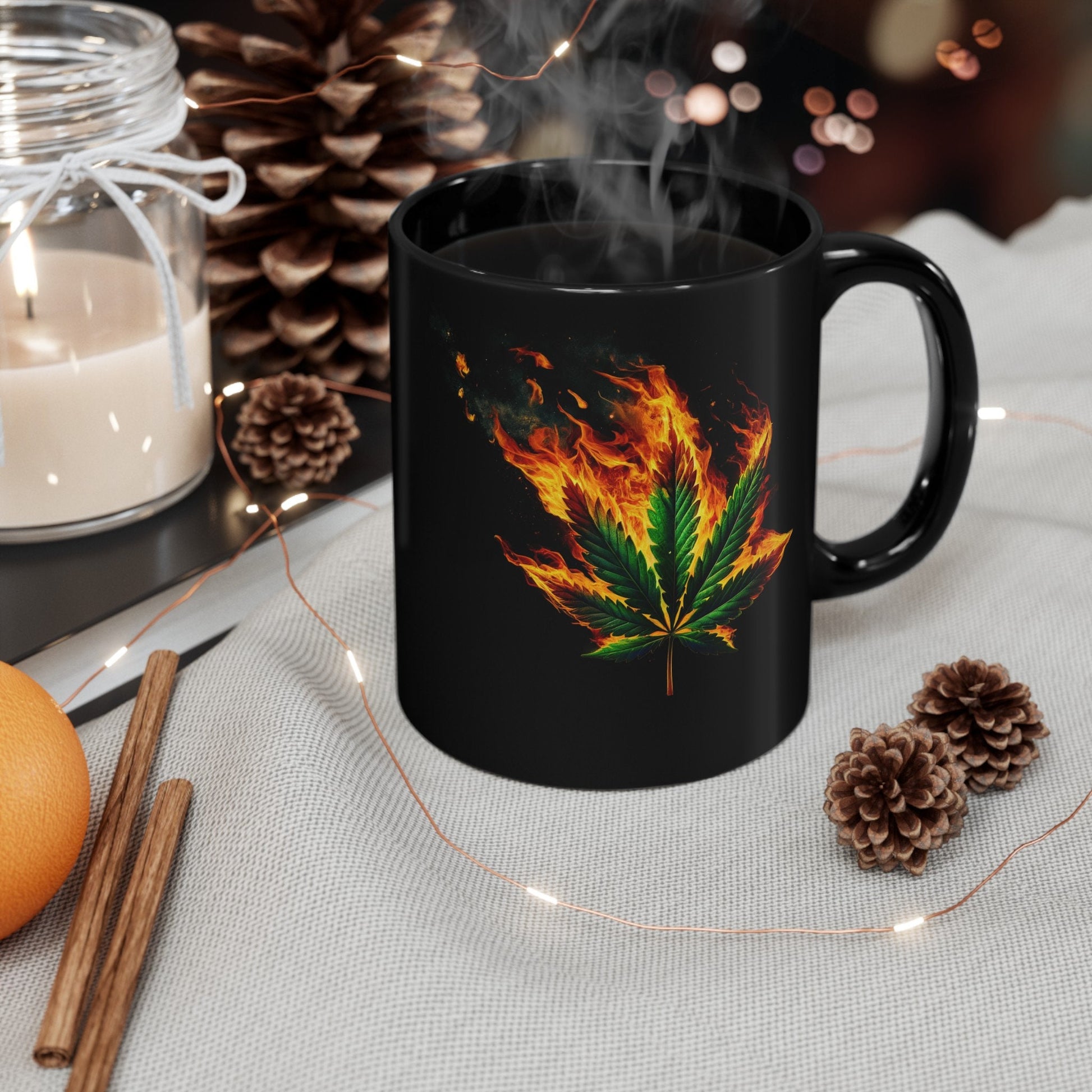 FLAMING WEED LEAF - 420 Coffee Mug (11oz) BLACK