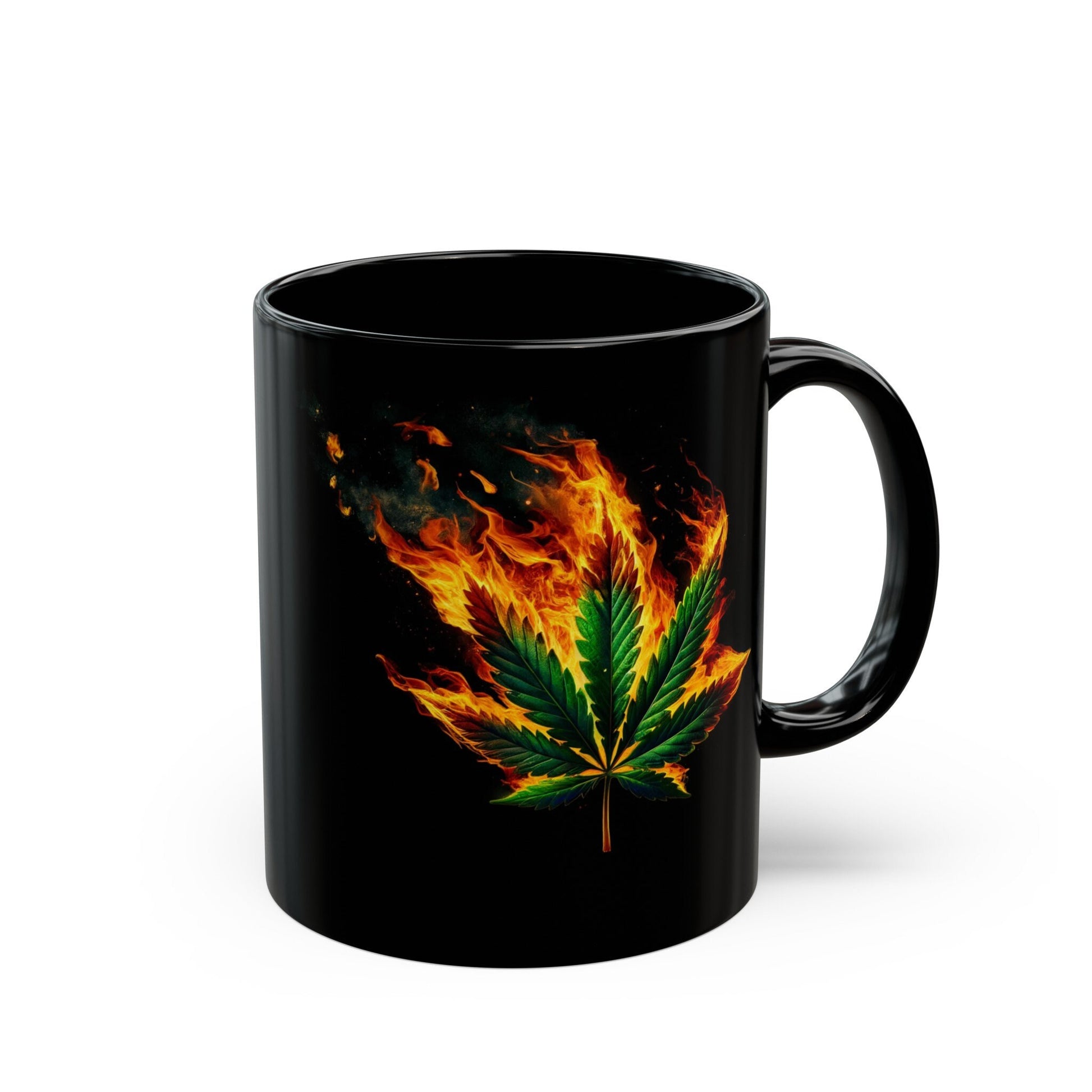 FLAMING WEED LEAF - 420 Coffee Mug (11oz) BLACK
