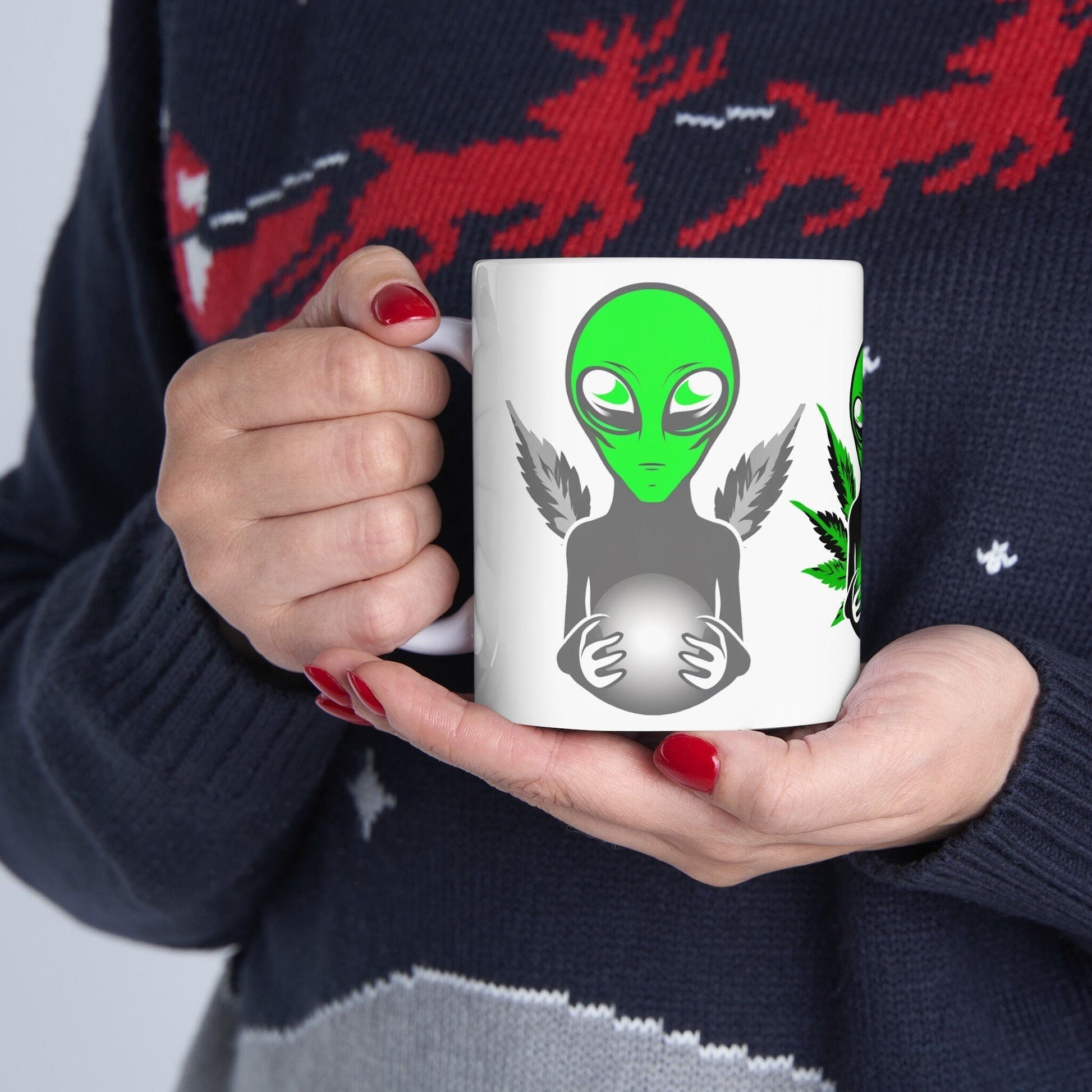 WEED ALIEN - Weed Coffee Mug (11oz) - Perfect Weed Gift for Weed Smokers, Stoners, Growers; Wake & Bake / 420 Weed Mug, Marijuana Gift