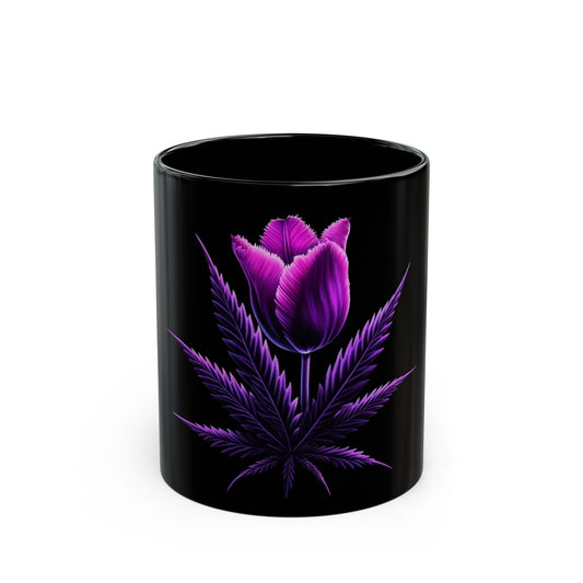 PURPLE TULIP Weed FLOWER - Weed Coffee Mug (Black 11oz) - Perfect Gift for Smokers, Stoners, Growers; Wake & Bake Mug / Weed Mug / Black Mug