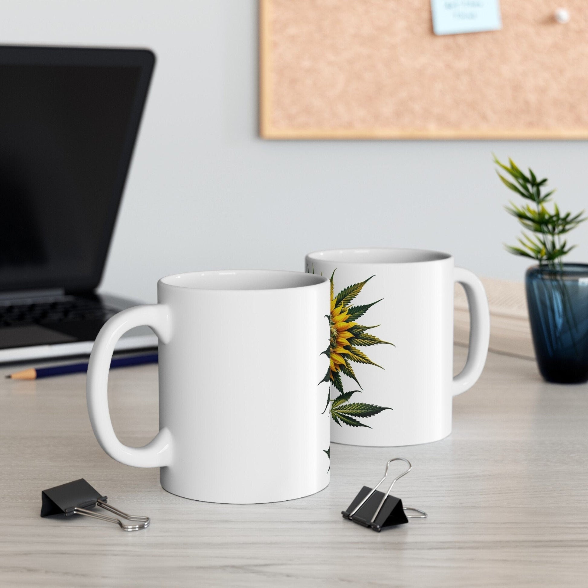SUNFLOWER WEED FLOWER - Weed Coffee Mugs (11oz) Perfect Gift for Smokers/ Marijuana Gift; Wake and Bake Mug - Cannabis Cup / Stoner Mug