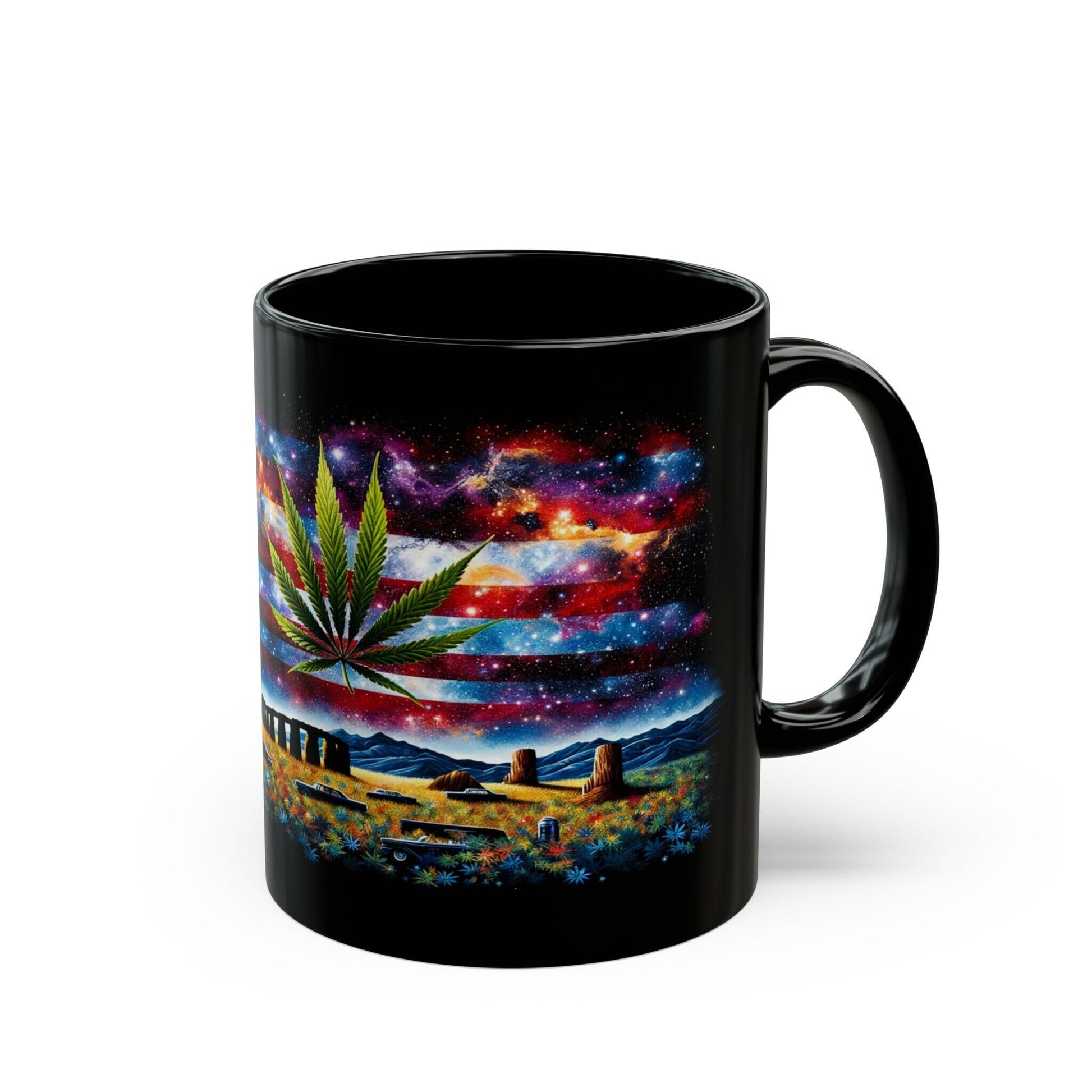 AMERICAN WEED FLAG - Black Base Coffee Mugs - Perfect Gift for Smokers, Stoners, Marijuana Lovers, Growers; Weed Mug / Stoner Mug