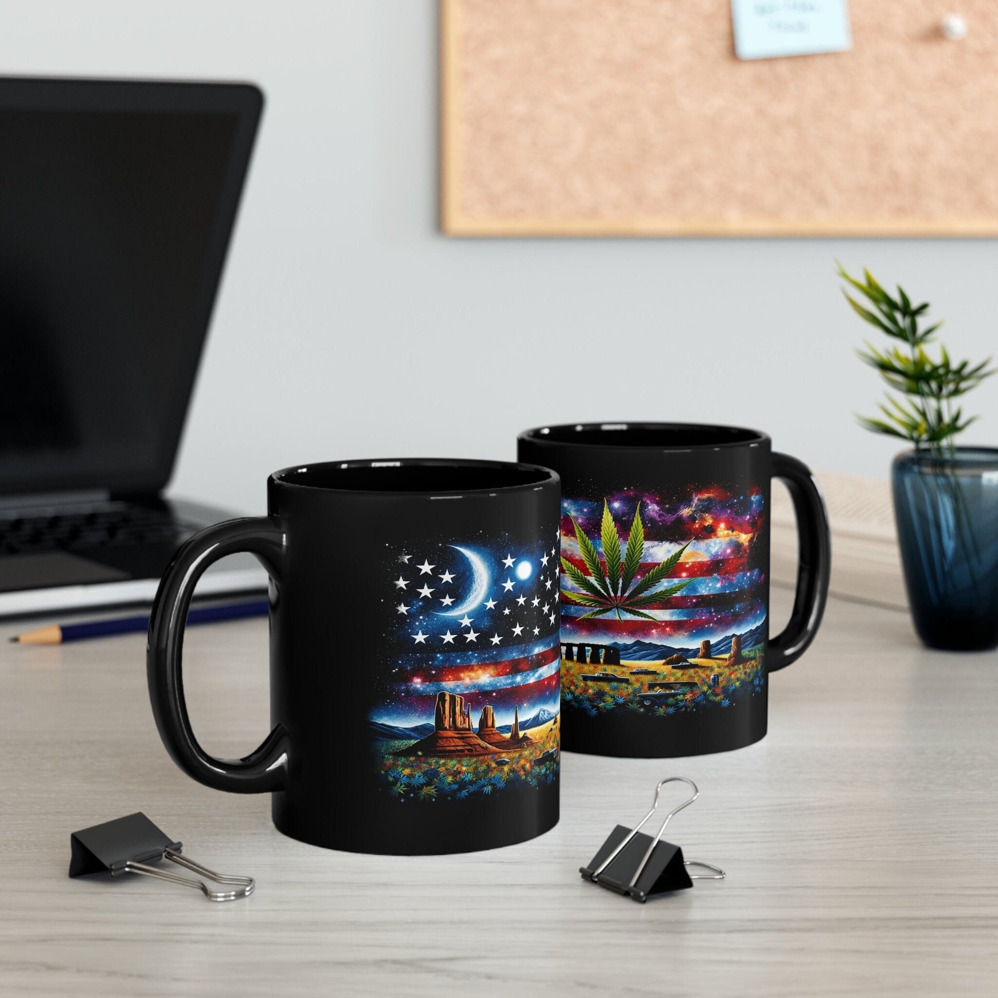 AMERICAN WEED FLAG - Black Base Coffee Mugs - Perfect Gift for Smokers, Stoners, Marijuana Lovers, Growers; Weed Mug / Stoner Mug