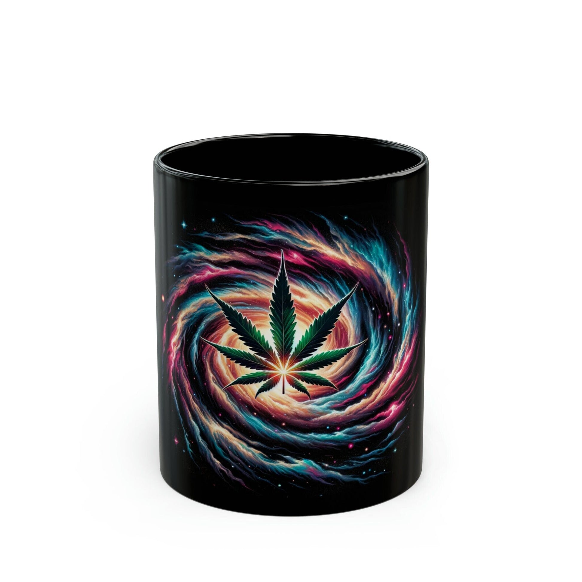 SPACE WEED LEAF - Black Base Coffee Mugs - Perfect Gift for Smokers, Stoners, Marijuana Lovers, Growers; Weed Mug / Space Mug for Stoners