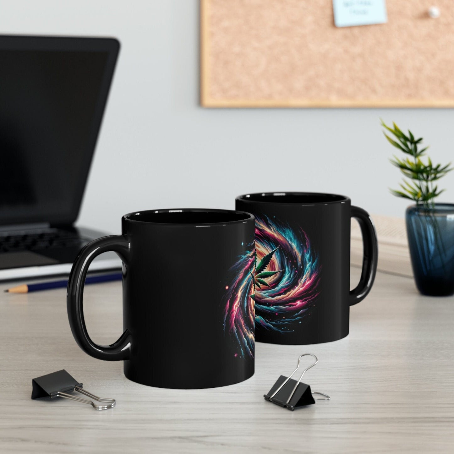 SPACE WEED LEAF - Black Base Coffee Mugs - Perfect Gift for Smokers, Stoners, Marijuana Lovers, Growers; Weed Mug / Space Mug for Stoners