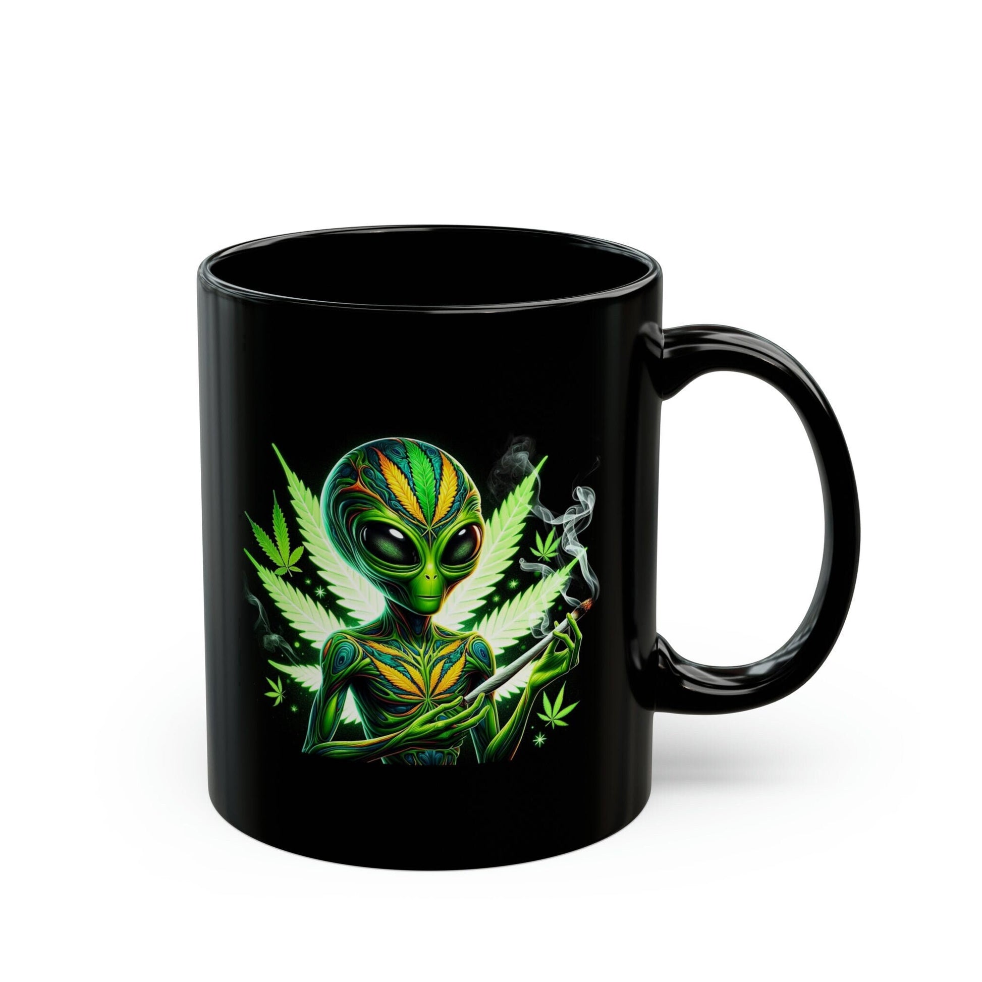 WEED ALIEN Mug - BLACK Themed Coffee Mugs - Perfect Gift for Smokers, Stoners, Marijuana Lovers, Growers; Weed or Space Enthusiasts