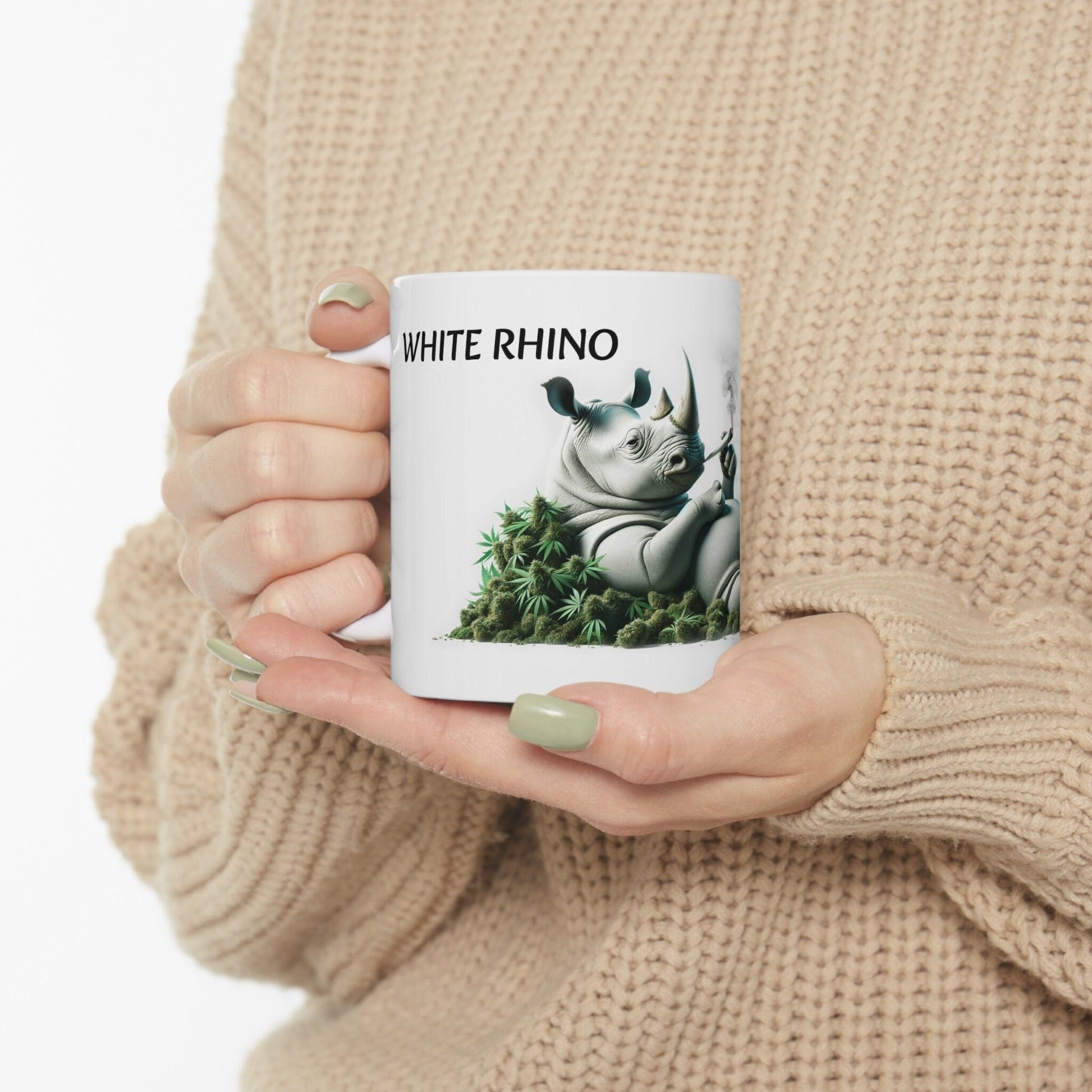 WHITE RHINO - Weed Coffee Mug (11oz) - Perfect Strains Gift for Smokers, Stoners, Growers; Wake and Bake Mug / 420 Weed Mug, Marijuana Gift