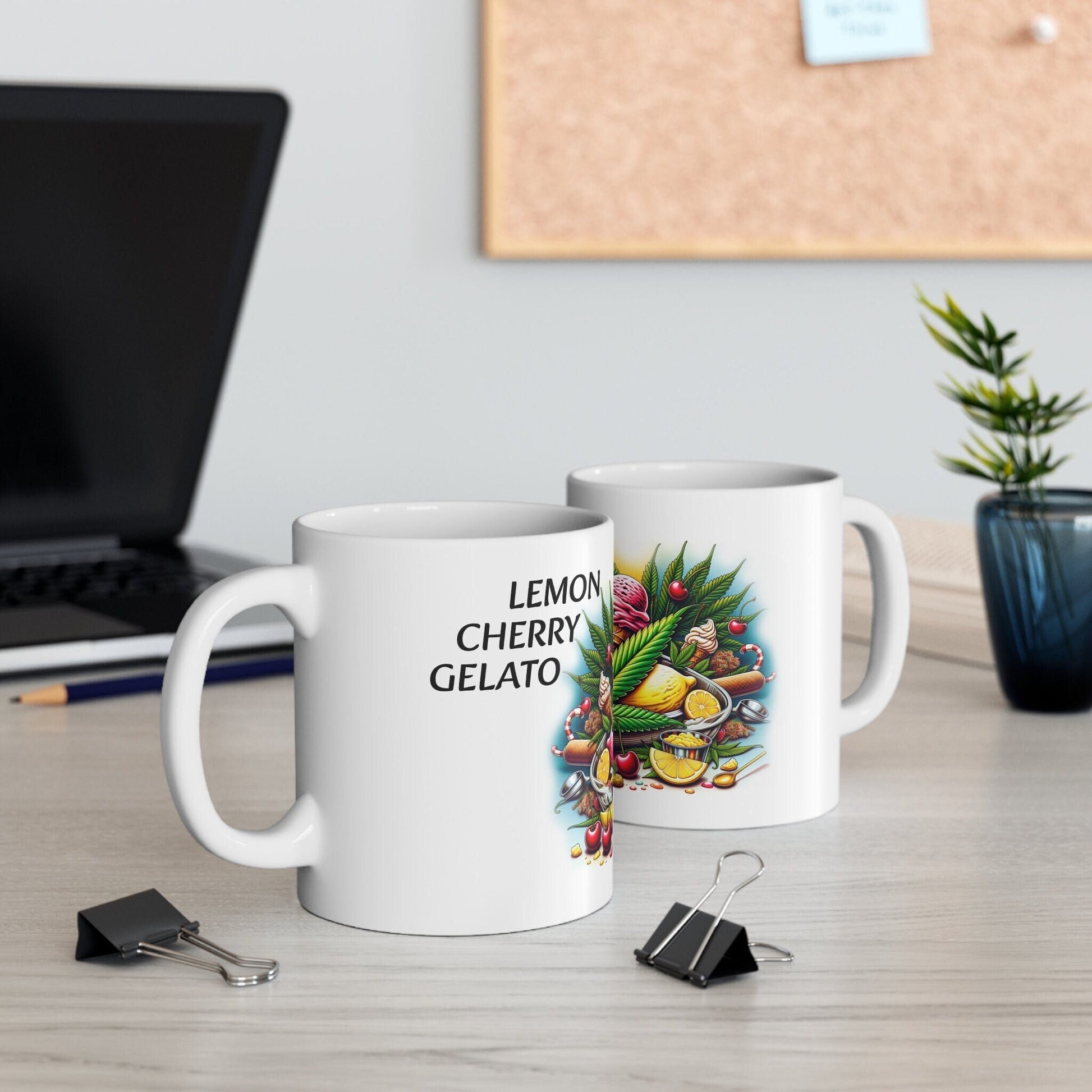LEMON CHERRY GELATO - Weed Coffee Mug (11oz) - Perfect Strains Gift for Smokers, Stoner, Growers; Wake & Bake / 420 Weed Mug, Marijuana Gift
