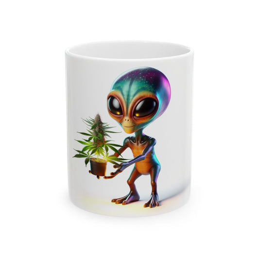 ALIEN W/ WEED PLANT - Coffee Weed Mug (11oz) - Weed Gift for Stoners, Smokers; Wake & Bake Mug / 420 Weed Mug / Marijuana Gift, Cannabis Mug