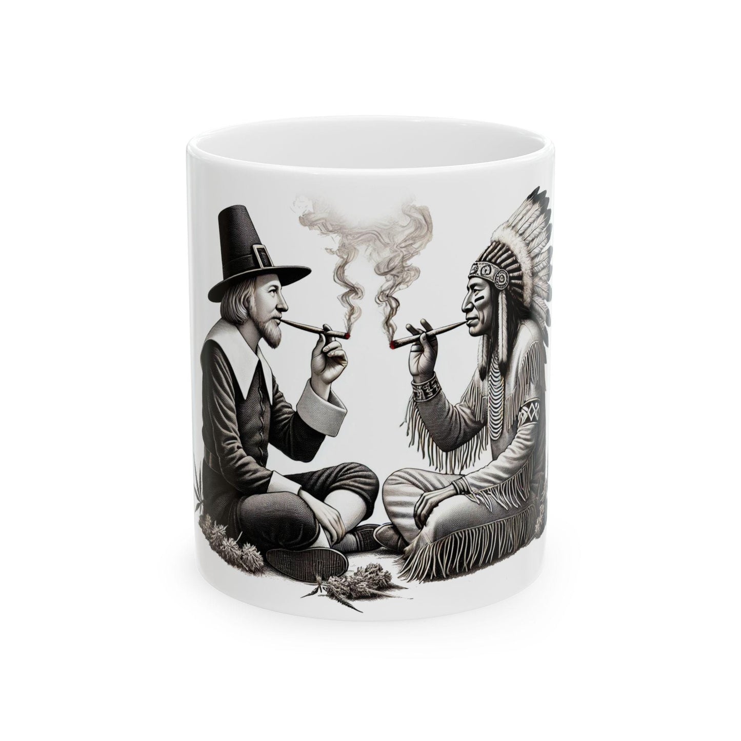 PILGRIM & INDIAN SMOKING - Weed Coffee Mug (11oz) - Thanksgiving Gift for Weed Smokers, Stoners, Growers; Wake and Bake / 420 Mug, Weed Gift