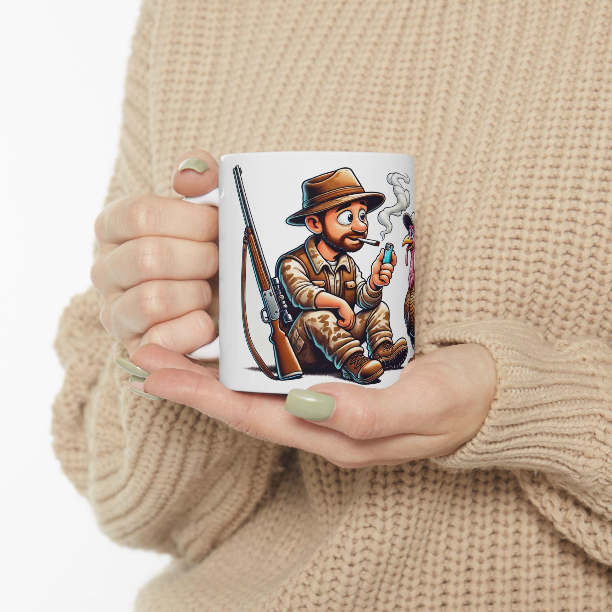 HUNTER & TURKEY SMOKING - Weed Coffee Mug (11oz) - Thanksgiving Gift for Weed Smokers, Stoners, Growers; Wake and Bake / 420 Mug, Weed Gift