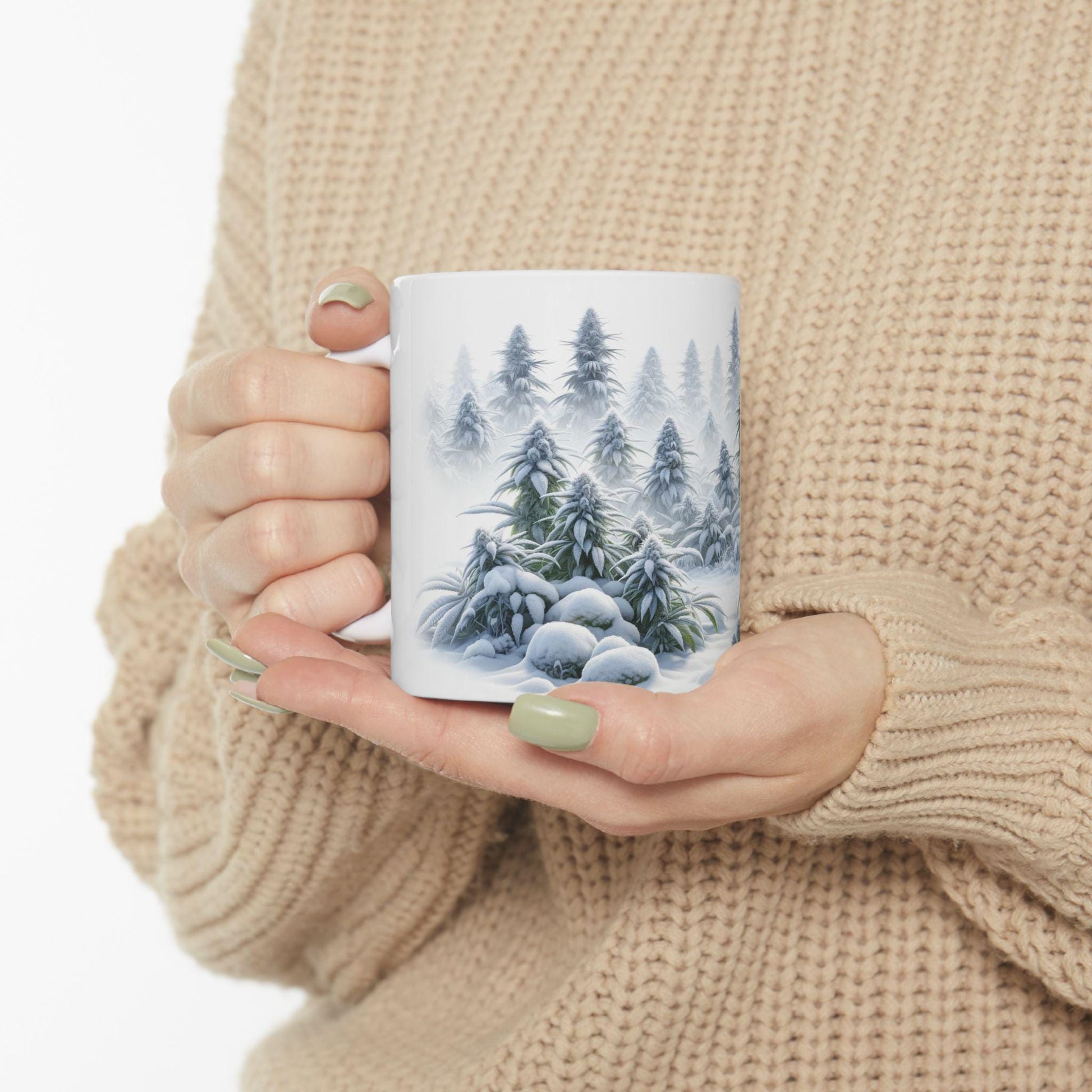 WINTER WEED FOREST - Weed Coffee Mug (11oz) - Christmas Gift for Weed Smokers, Stoners, Growers; Wake & Bake / 420 Mug, Weed / Christmas Mug