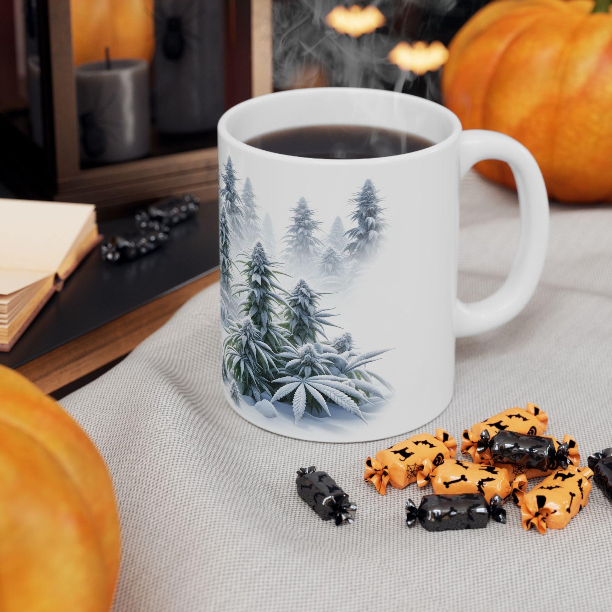 WINTER WEED FOREST - Weed Coffee Mug (11oz) - Christmas Gift for Weed Smokers, Stoners, Growers; Wake & Bake / 420 Mug, Weed / Christmas Mug