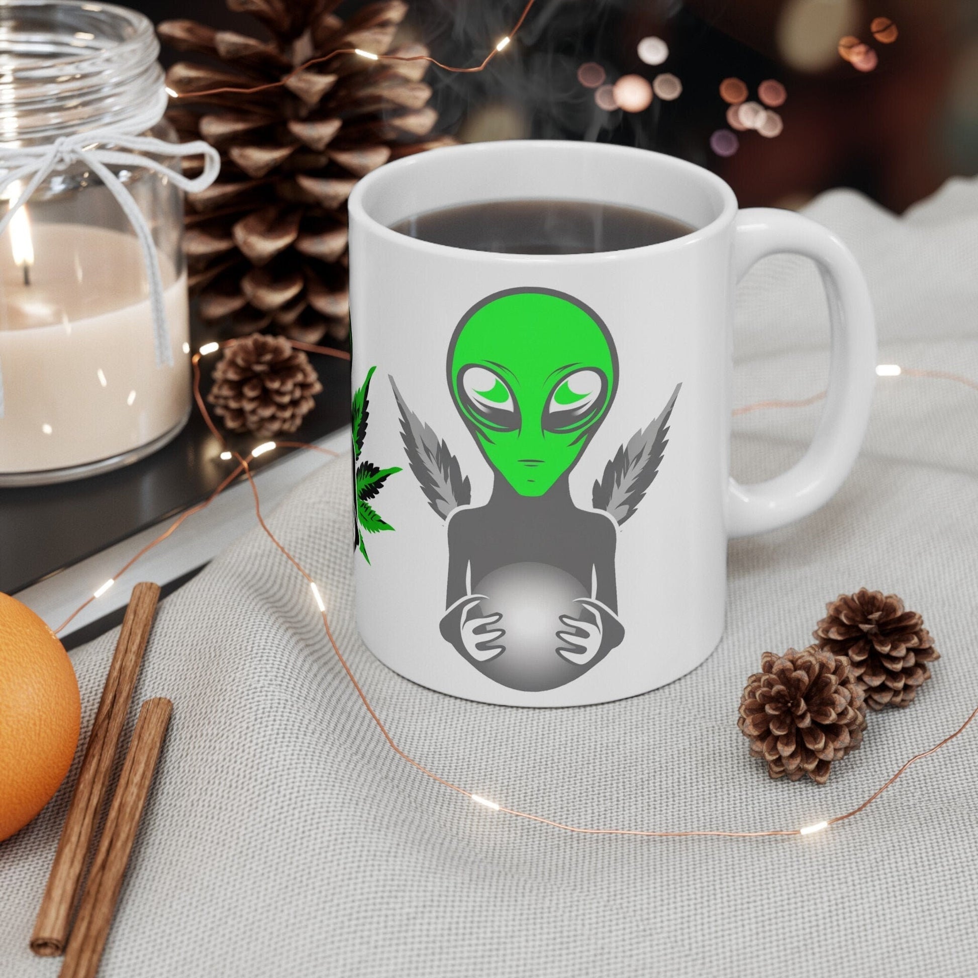 WEED ALIEN - Weed Coffee Mug (11oz) - Perfect Weed Gift for Weed Smokers, Stoners, Growers; Wake & Bake / 420 Weed Mug, Marijuana Gift